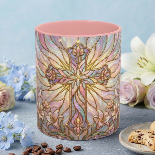 Stained Glass Cross Mug, Easter Lily Coffee Cup, Christian Gift for Women, Pastel Religious Drinkware, Dove and Faith Cup, Spiritual