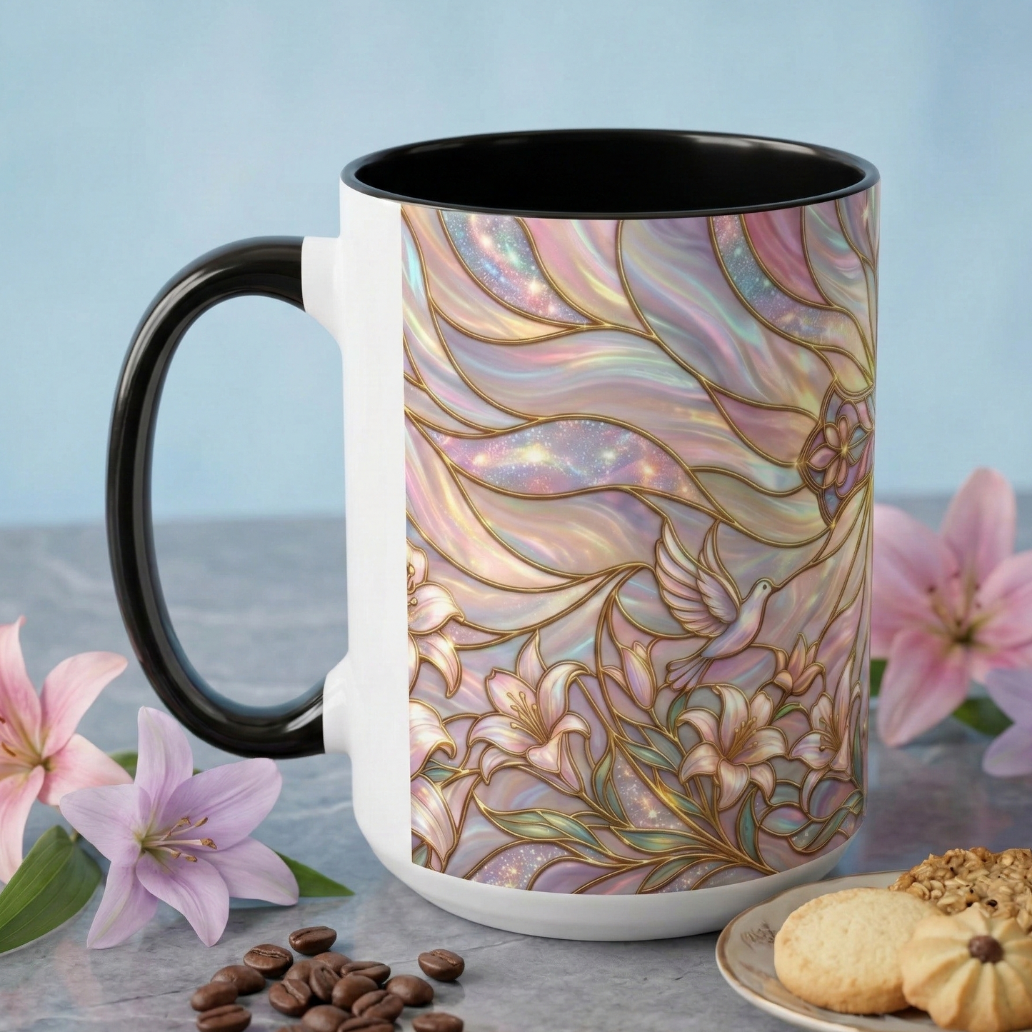 Stained Glass Cross Mug, Easter Lily Coffee Cup, Christian Gift for Women, Pastel Religious Drinkware, Dove and Faith Cup, Spiritual