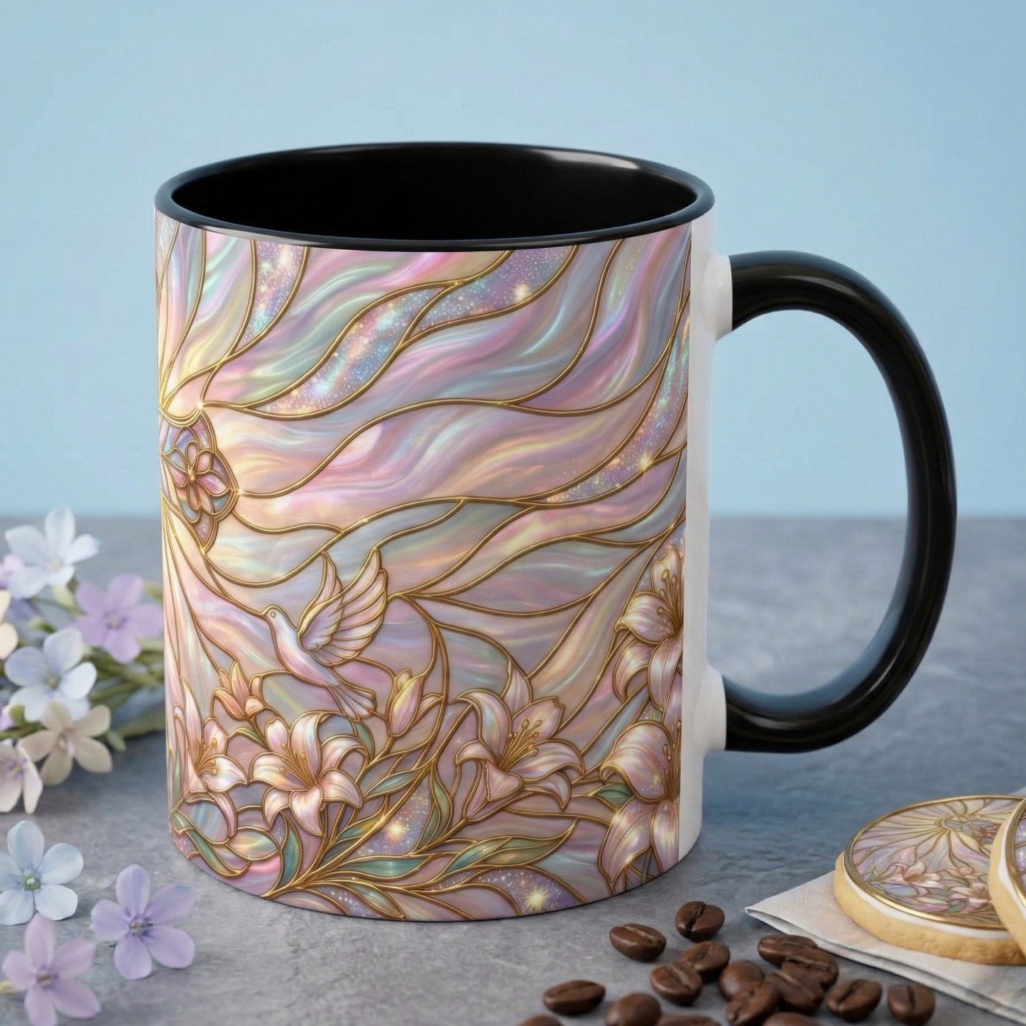 Stained Glass Cross Mug, Easter Lily Coffee Cup, Christian Gift for Women, Pastel Religious Drinkware, Dove and Faith Cup, Spiritual