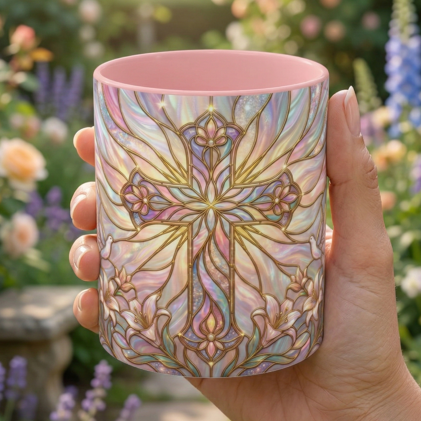 Stained Glass Cross Mug, Easter Lily Coffee Cup, Christian Gift for Women, Pastel Religious Drinkware, Dove and Faith Cup, Spiritual