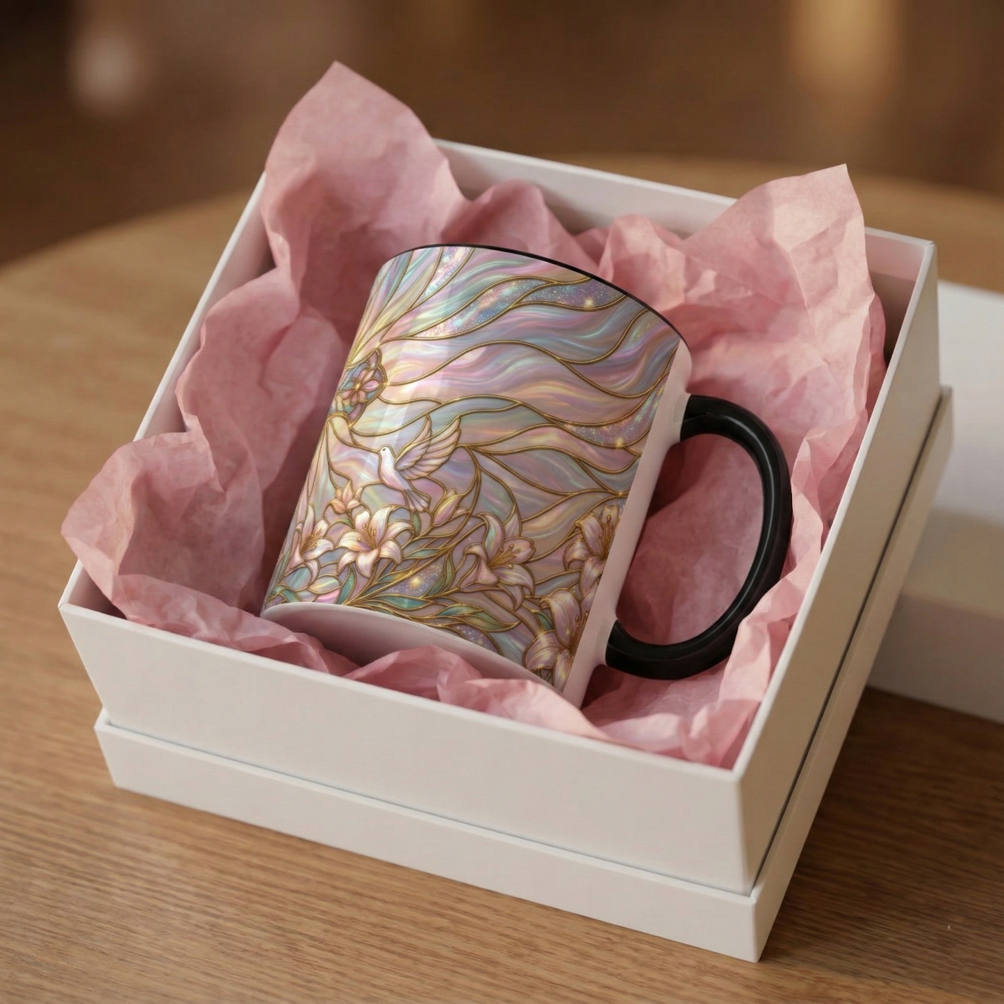 Stained Glass Cross Mug, Easter Lily Coffee Cup, Christian Gift for Women, Pastel Religious Drinkware, Dove and Faith Cup, Spiritual