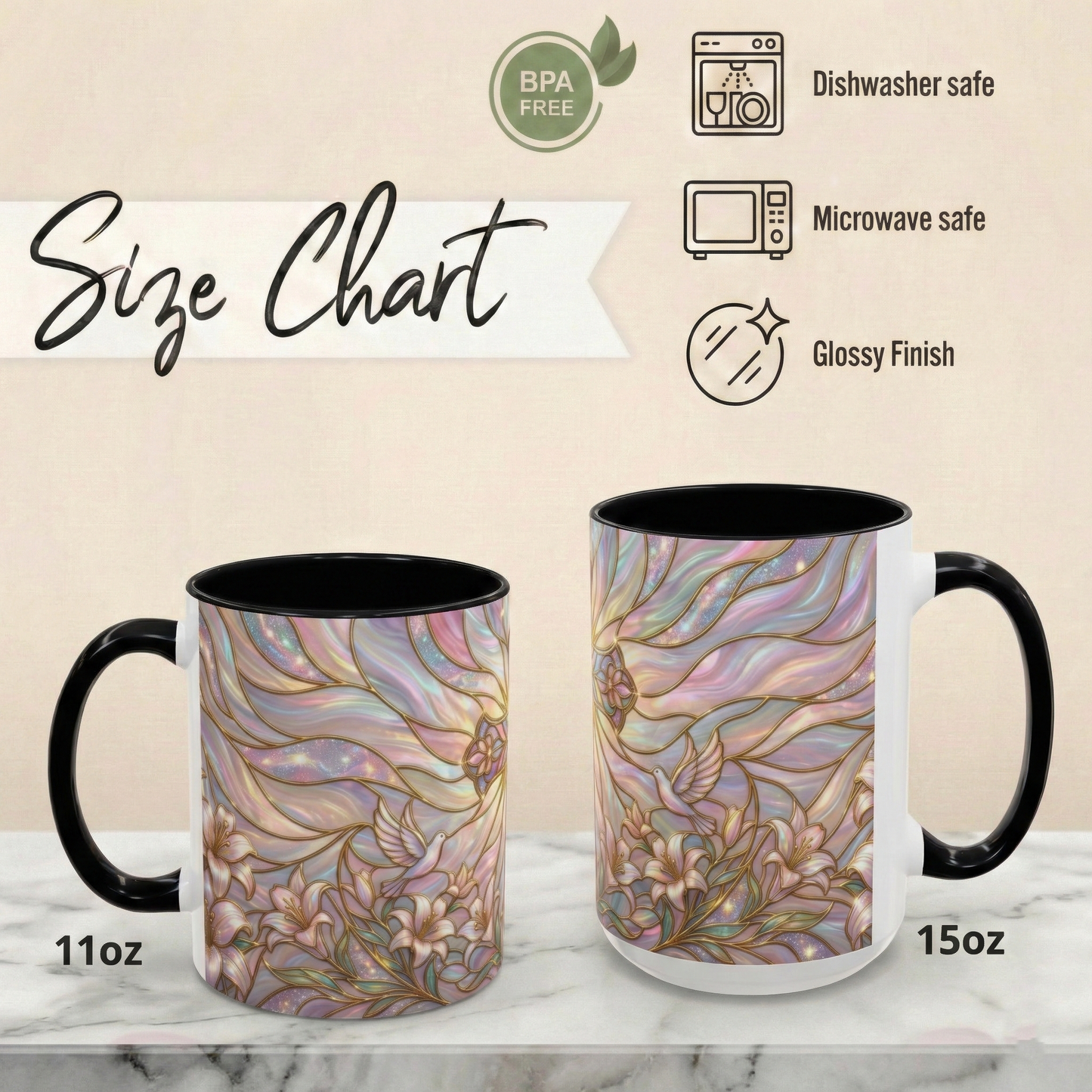 Stained Glass Cross Mug, Easter Lily Coffee Cup, Christian Gift for Women, Pastel Religious Drinkware, Dove and Faith Cup, Spiritual