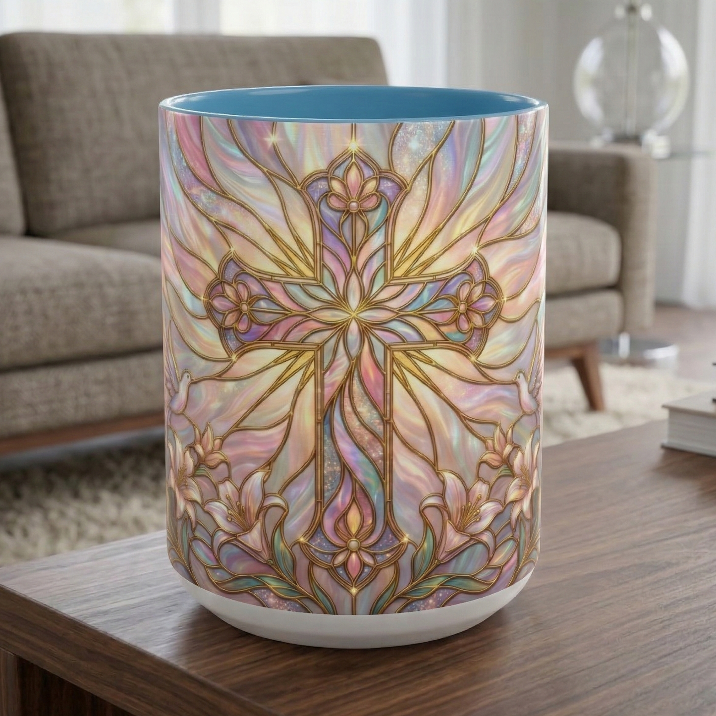 Stained Glass Cross Mug, Easter Lily Coffee Cup, Christian Gift for Women, Pastel Religious Drinkware, Dove and Faith Cup, Spiritual