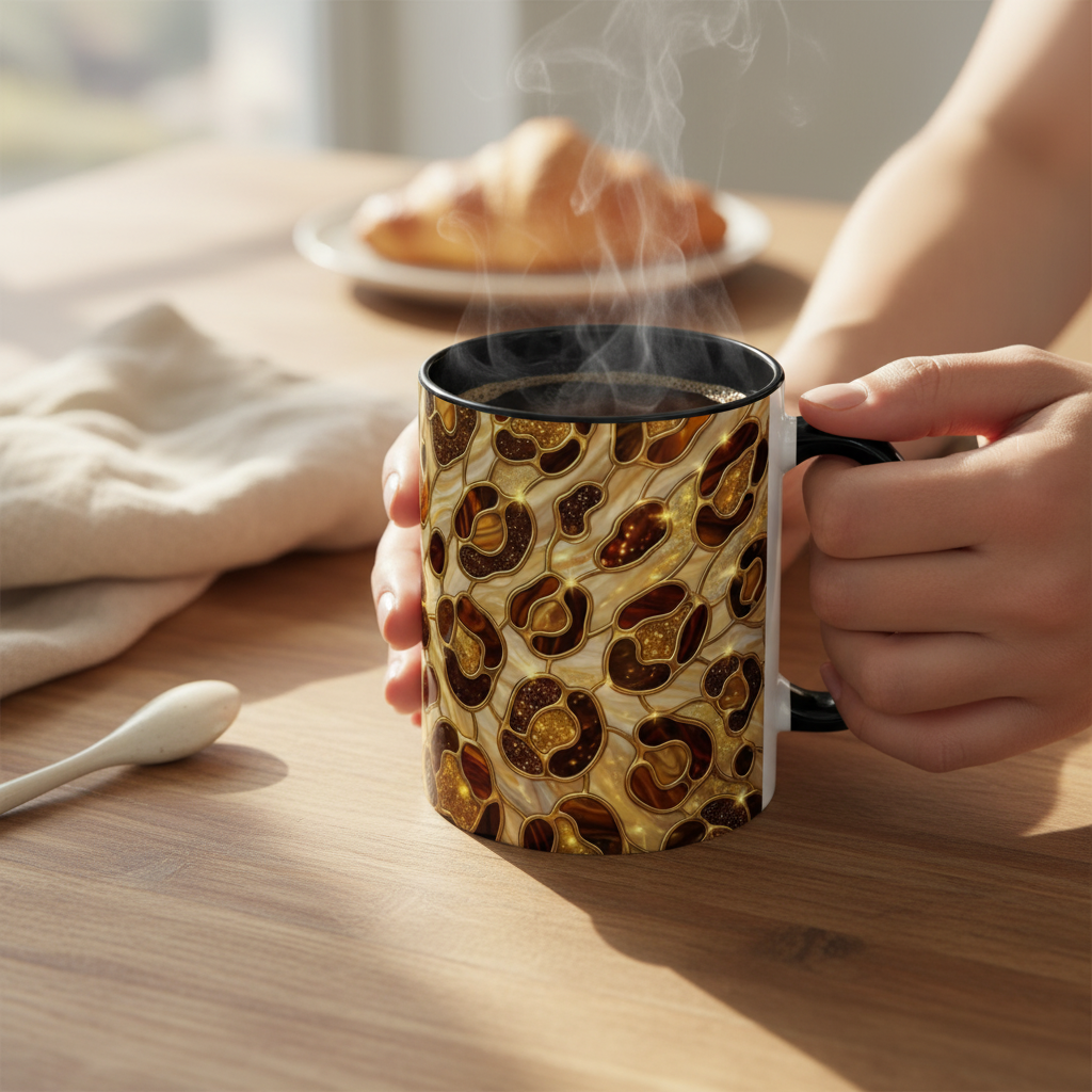 Stained Glass Leopard Print Mug, Gold Cheetah Coffee Cup, Luxury Animal Print Gift, Glam Mosaic Tea Mug, Trendy Desk Decor For Her Gifts