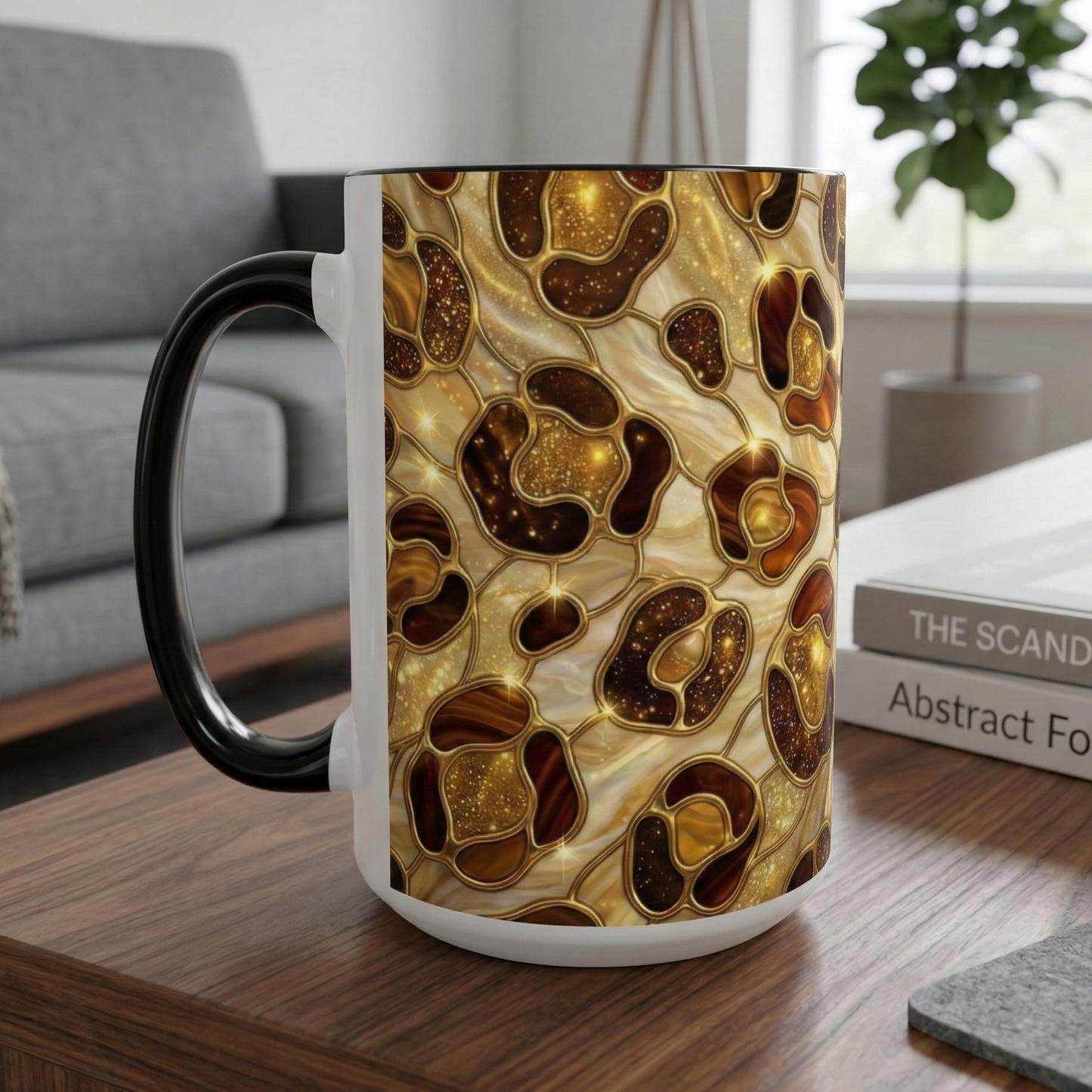 Stained Glass Leopard Print Mug, Gold Cheetah Coffee Cup, Luxury Animal Print Gift, Glam Mosaic Tea Mug, Trendy Desk Decor For Her Gifts