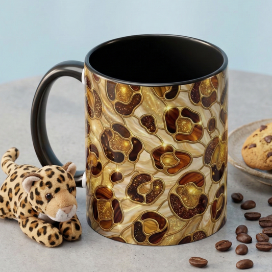 Stained Glass Leopard Print Mug, Gold Cheetah Coffee Cup, Luxury Animal Print Gift, Glam Mosaic Tea Mug, Trendy Desk Decor For Her Gifts