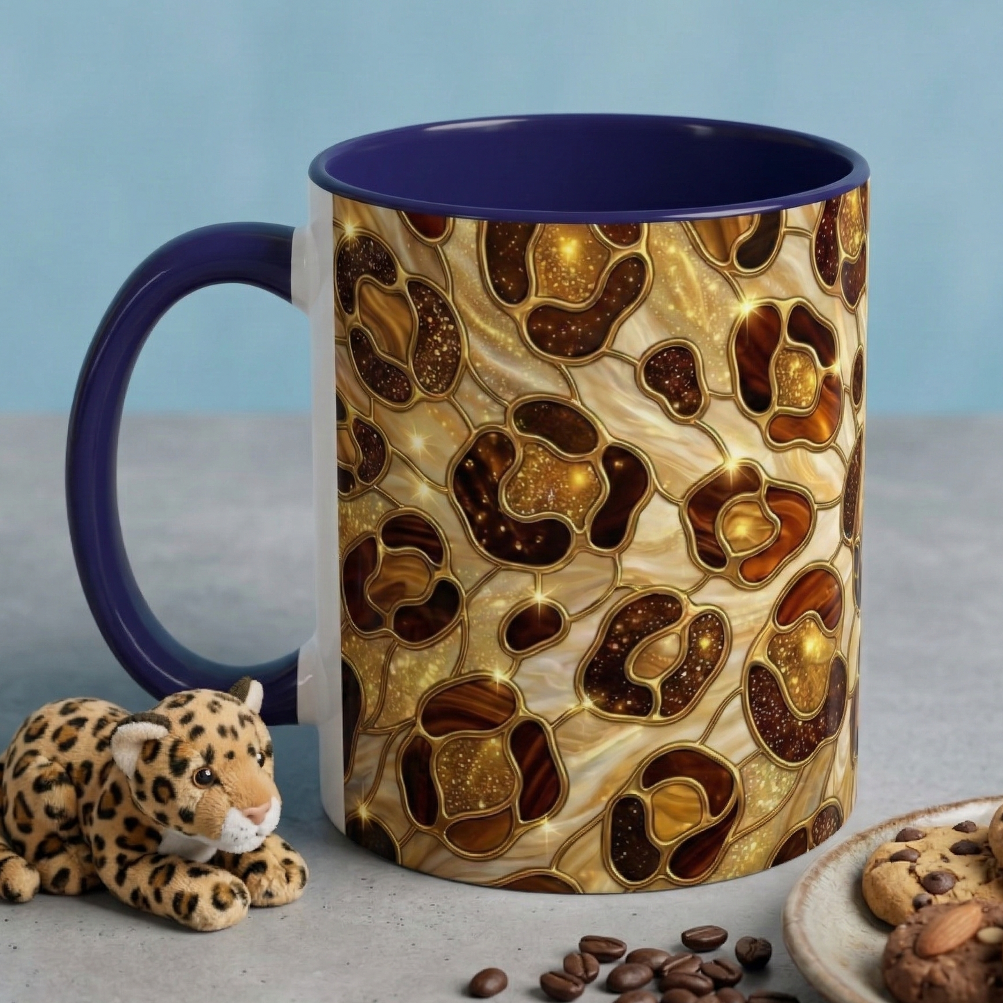 Stained Glass Leopard Print Mug, Gold Cheetah Coffee Cup, Luxury Animal Print Gift, Glam Mosaic Tea Mug, Trendy Desk Decor For Her Gifts
