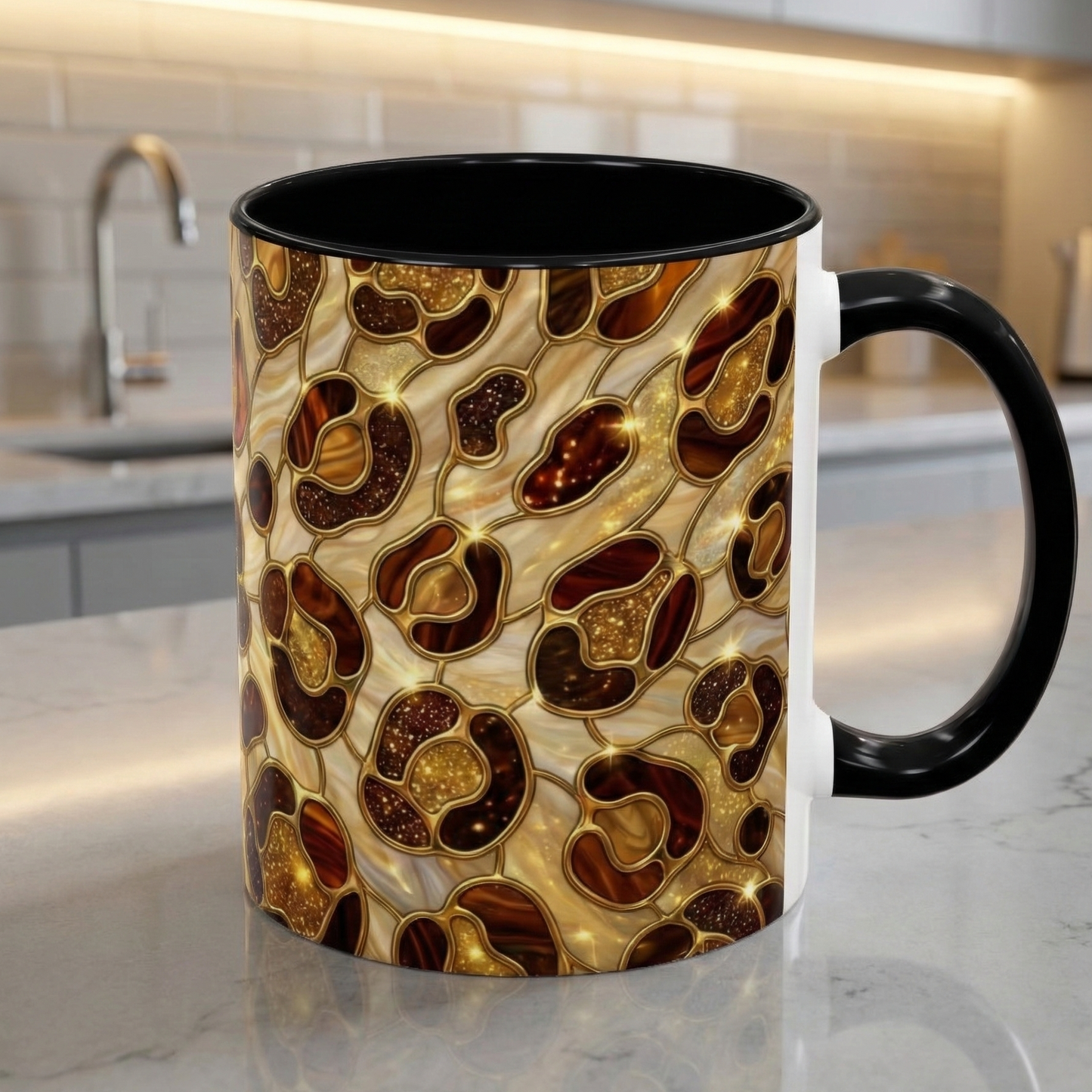 Stained Glass Leopard Print Mug, Gold Cheetah Coffee Cup, Luxury Animal Print Gift, Glam Mosaic Tea Mug, Trendy Desk Decor For Her Gifts