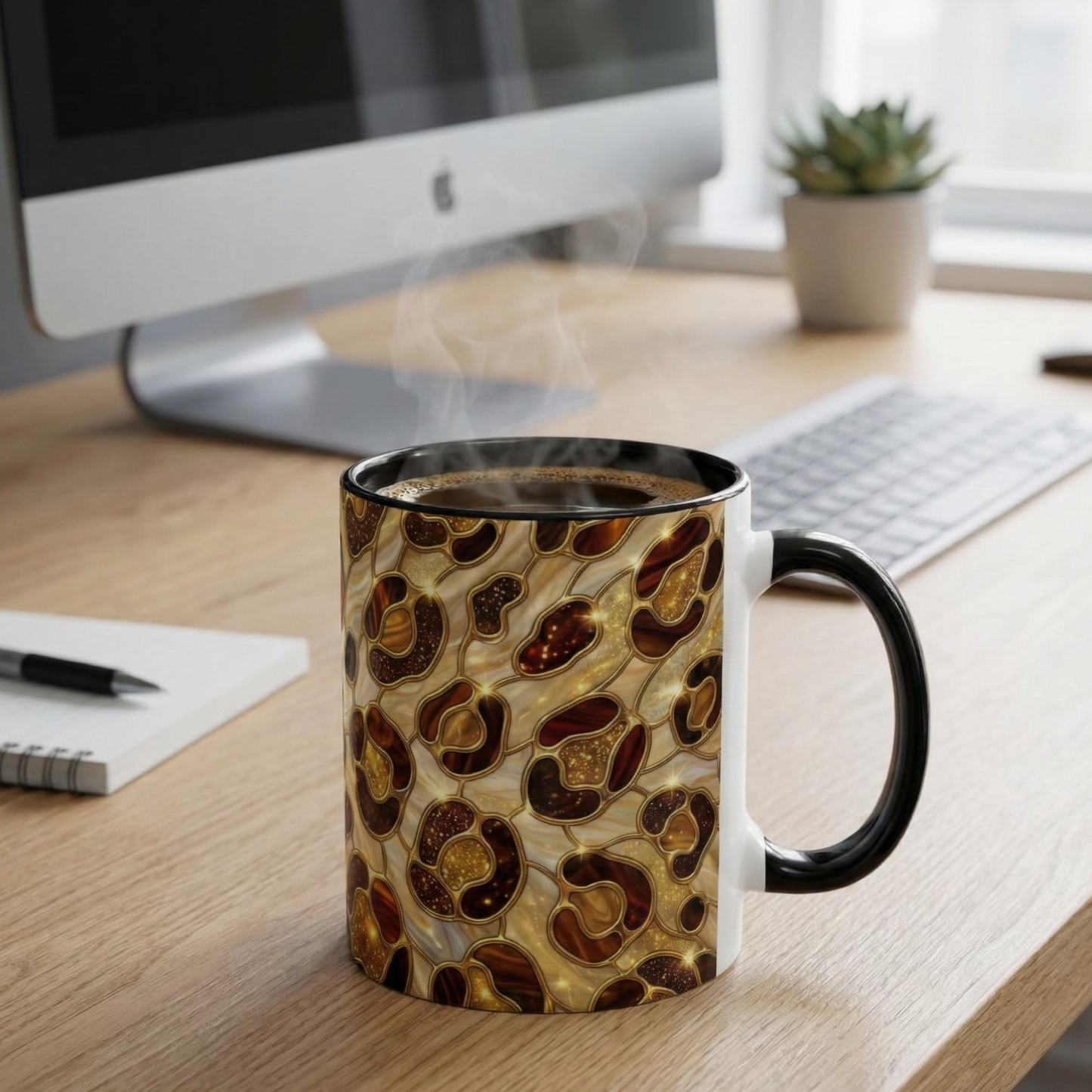 Stained Glass Leopard Print Mug, Gold Cheetah Coffee Cup, Luxury Animal Print Gift, Glam Mosaic Tea Mug, Trendy Desk Decor For Her Gifts