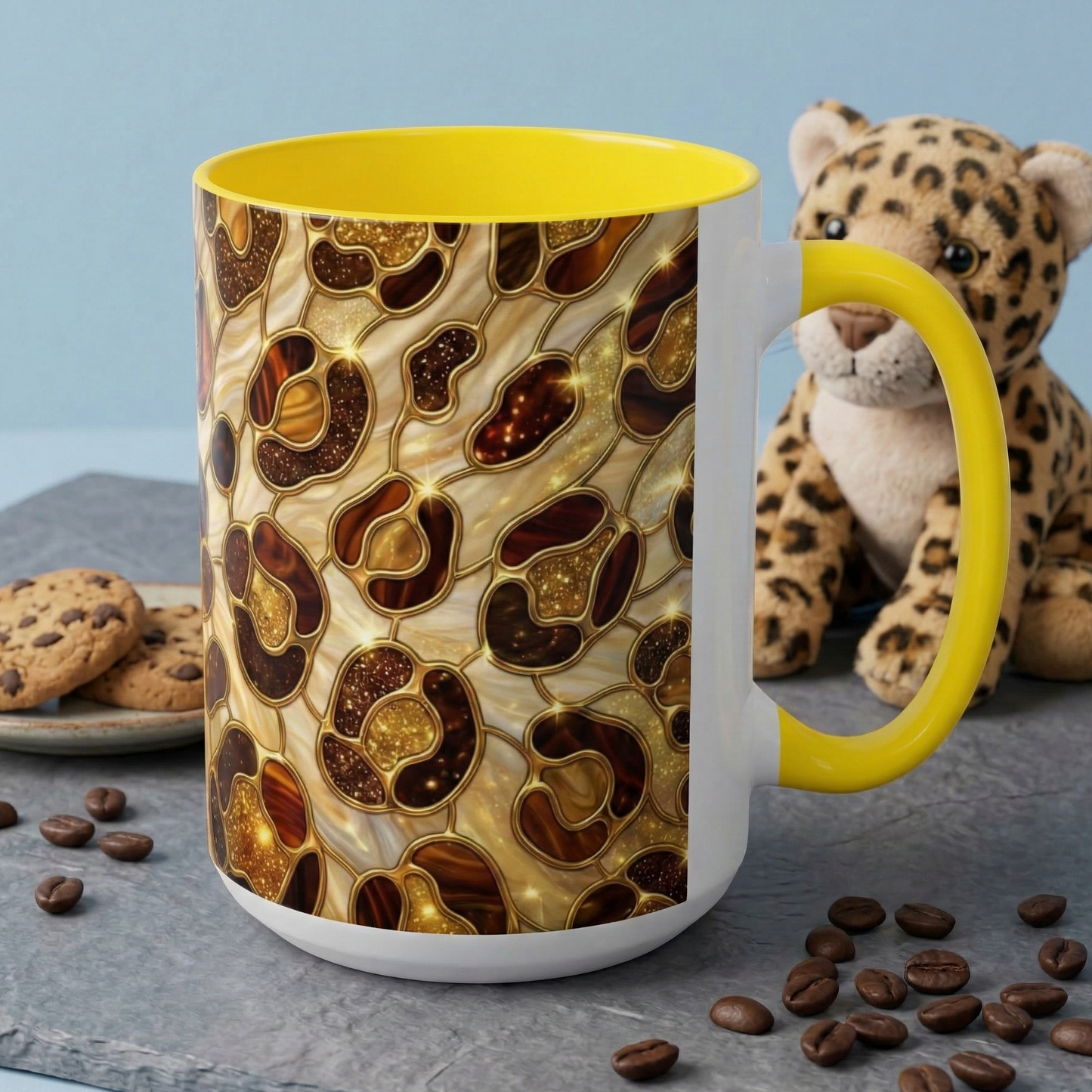 Stained Glass Leopard Print Mug, Gold Cheetah Coffee Cup, Luxury Animal Print Gift, Glam Mosaic Tea Mug, Trendy Desk Decor For Her Gifts