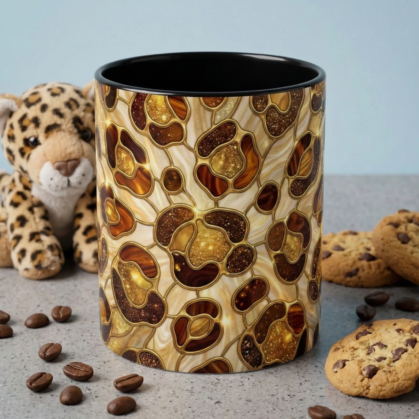 Stained Glass Leopard Print Mug, Gold Cheetah Coffee Cup, Luxury Animal Print Gift, Glam Mosaic Tea Mug, Trendy Desk Decor For Her Gifts