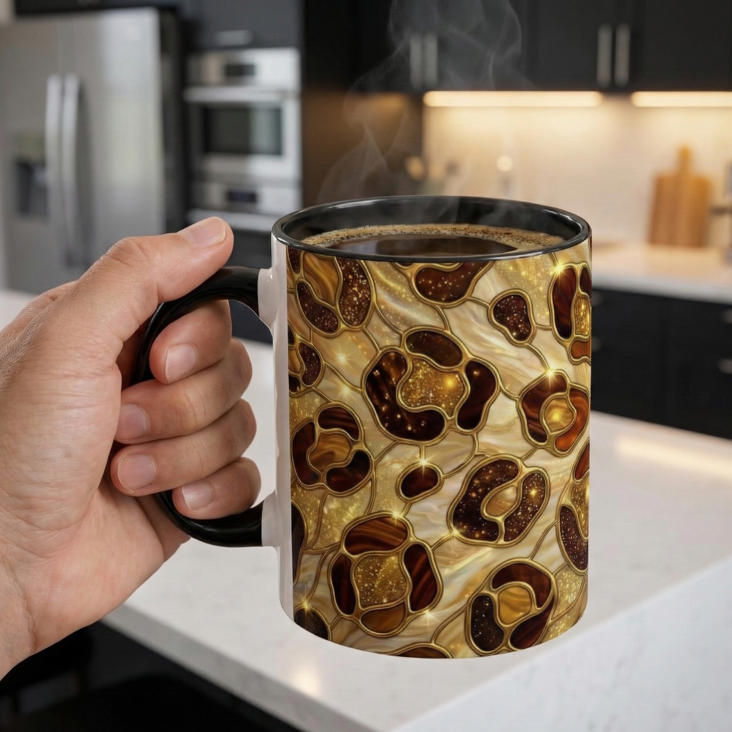 Stained Glass Leopard Print Mug, Gold Cheetah Coffee Cup, Luxury Animal Print Gift, Glam Mosaic Tea Mug, Trendy Desk Decor For Her Gifts