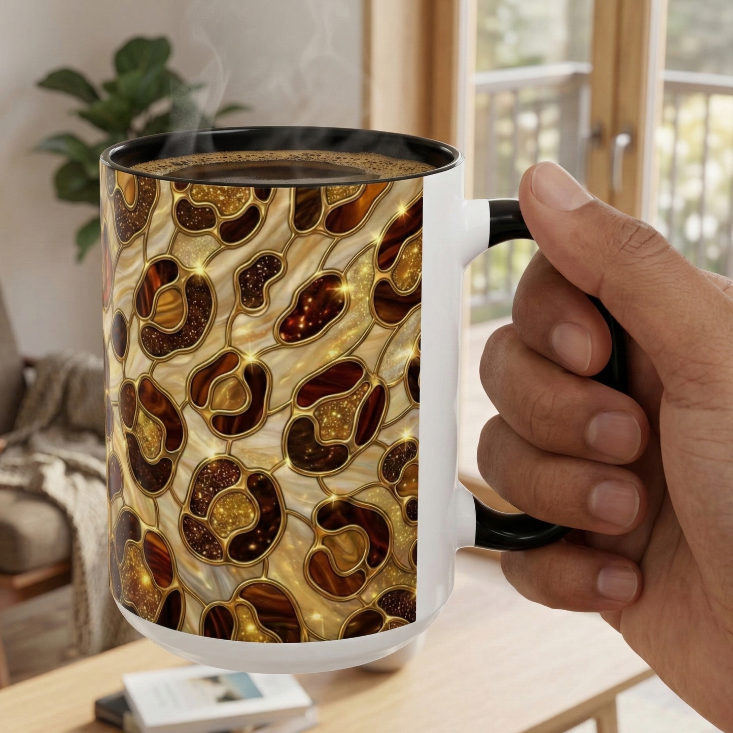 Stained Glass Leopard Print Mug, Gold Cheetah Coffee Cup, Luxury Animal Print Gift, Glam Mosaic Tea Mug, Trendy Desk Decor For Her Gifts
