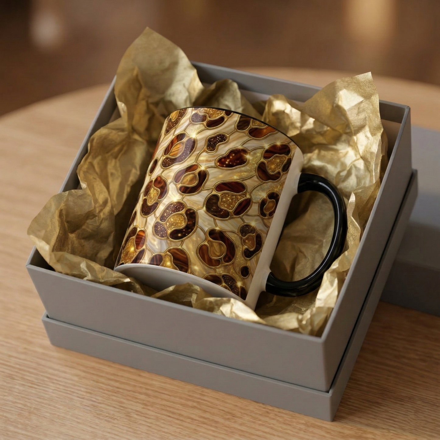 Stained Glass Leopard Print Mug, Gold Cheetah Coffee Cup, Luxury Animal Print Gift, Glam Mosaic Tea Mug, Trendy Desk Decor For Her Gifts