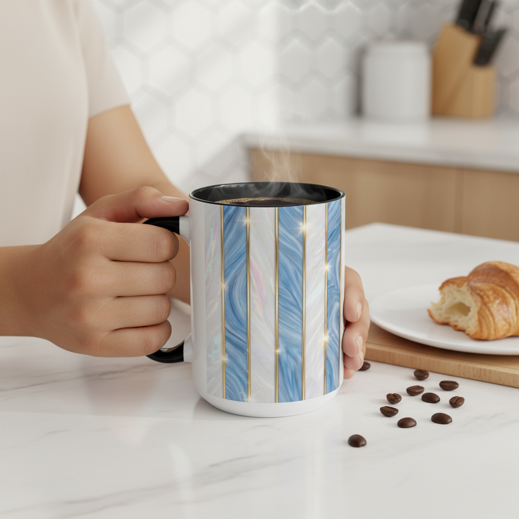 Faux Stained Glass Mug, Blue Pearlescent Coffee Cup, Art Deco Stained Glass Decor, Elegant Gold Stripe Teacup, Unique Art Gift For Her