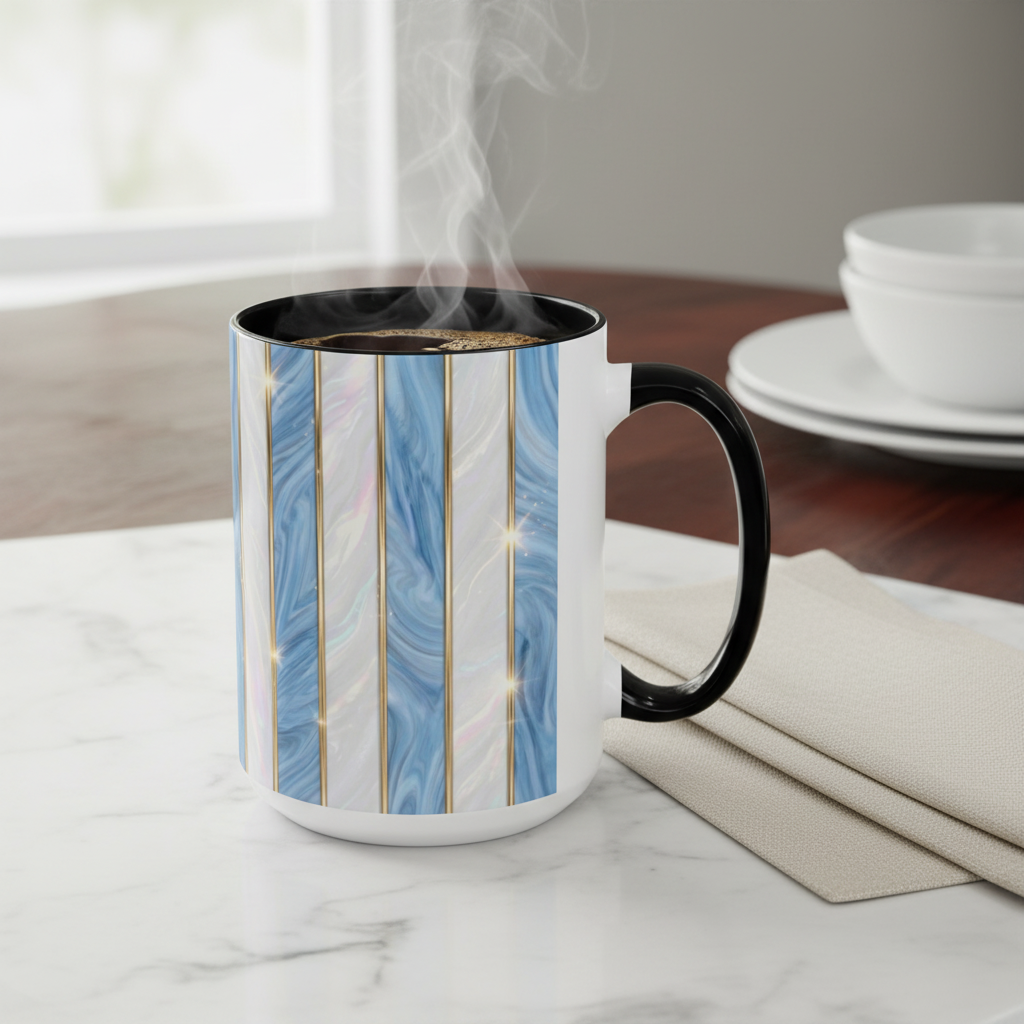 Faux Stained Glass Mug, Blue Pearlescent Coffee Cup, Art Deco Stained Glass Decor, Elegant Gold Stripe Teacup, Unique Art Gift For Her