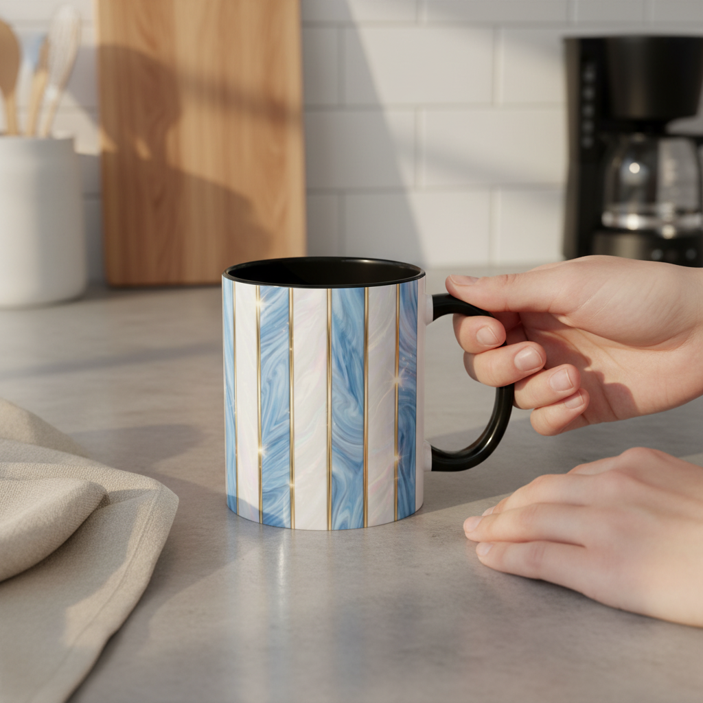 Faux Stained Glass Mug, Blue Pearlescent Coffee Cup, Art Deco Stained Glass Decor, Elegant Gold Stripe Teacup, Unique Art Gift For Her