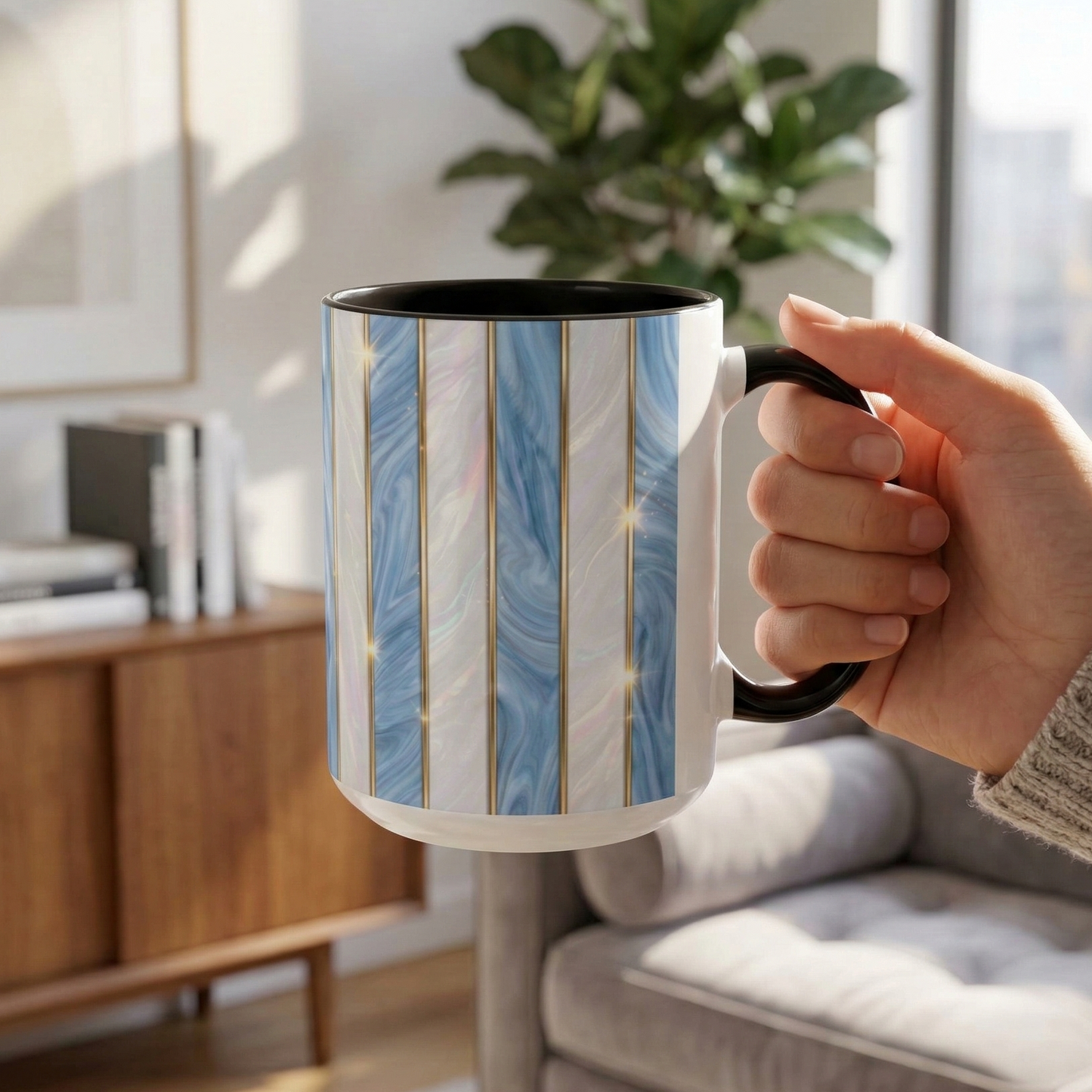 Faux Stained Glass Mug, Blue Pearlescent Coffee Cup, Art Deco Stained Glass Decor, Elegant Gold Stripe Teacup, Unique Art Gift For Her