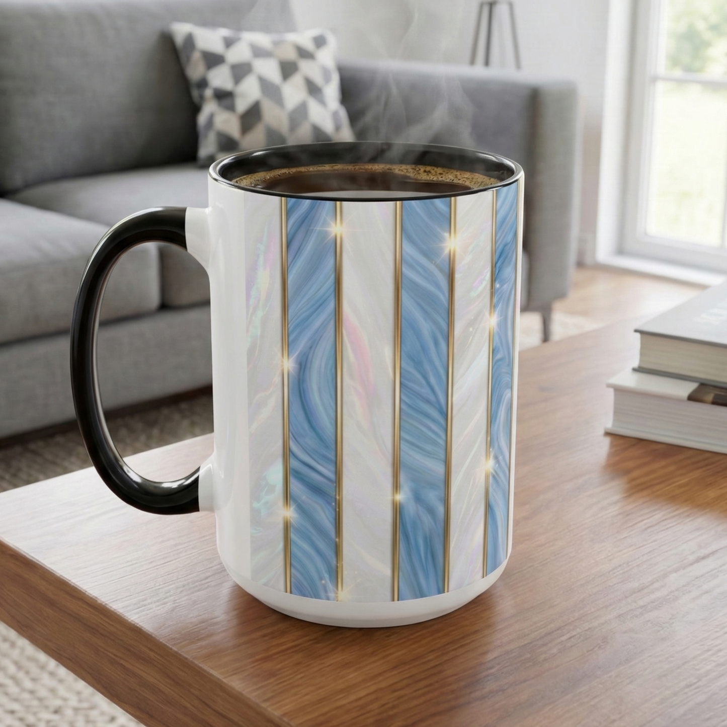 Faux Stained Glass Mug, Blue Pearlescent Coffee Cup, Art Deco Stained Glass Decor, Elegant Gold Stripe Teacup, Unique Art Gift For Her
