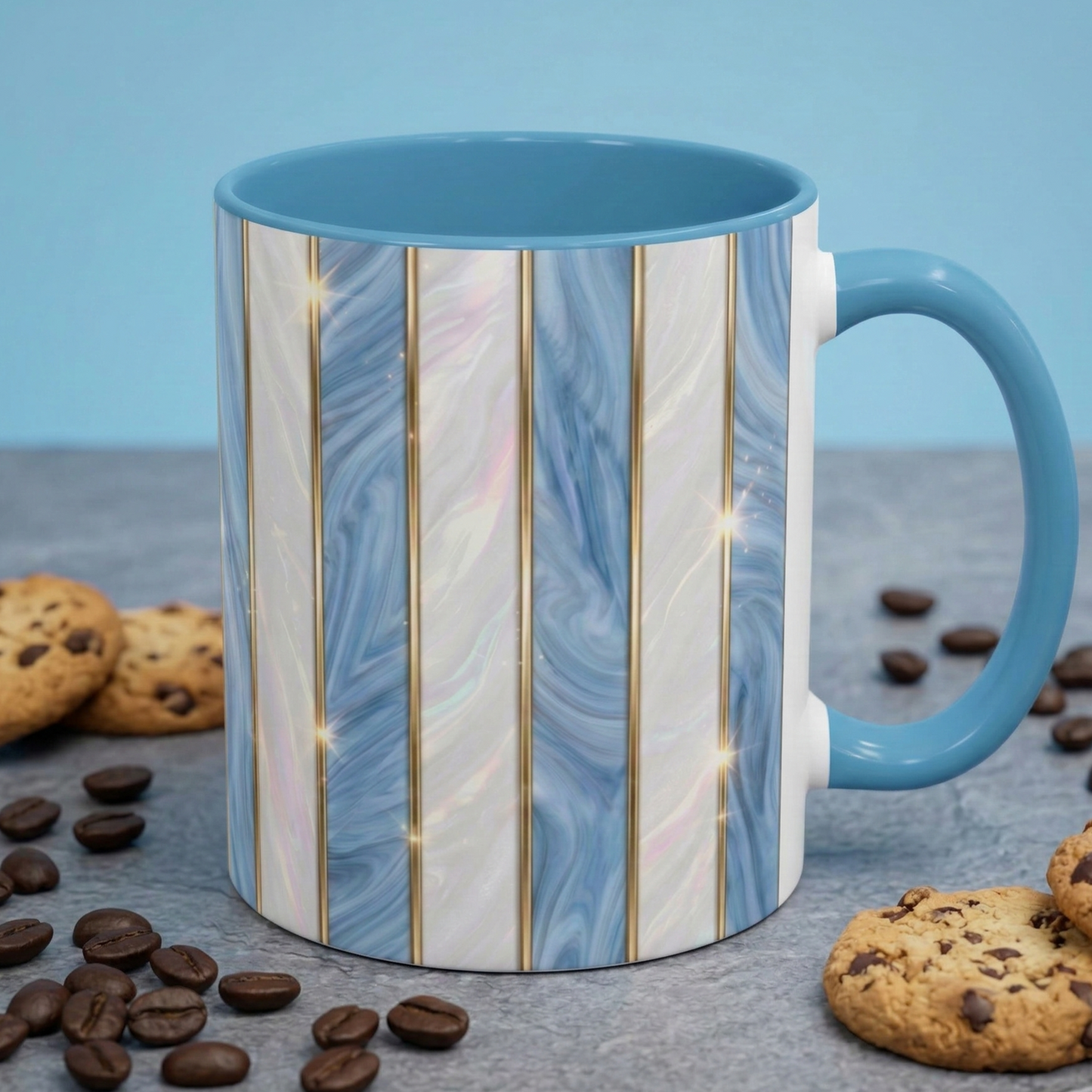 Faux Stained Glass Mug, Blue Pearlescent Coffee Cup, Art Deco Stained Glass Decor, Elegant Gold Stripe Teacup, Unique Art Gift For Her
