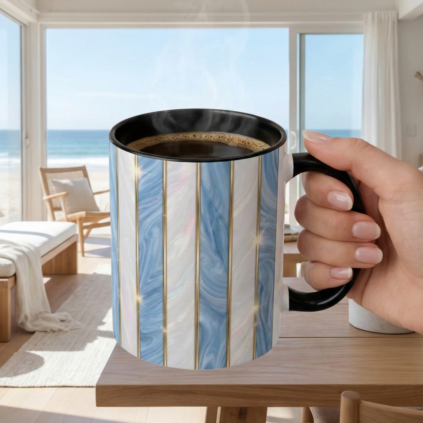 Faux Stained Glass Mug, Blue Pearlescent Coffee Cup, Art Deco Stained Glass Decor, Elegant Gold Stripe Teacup, Unique Art Gift For Her