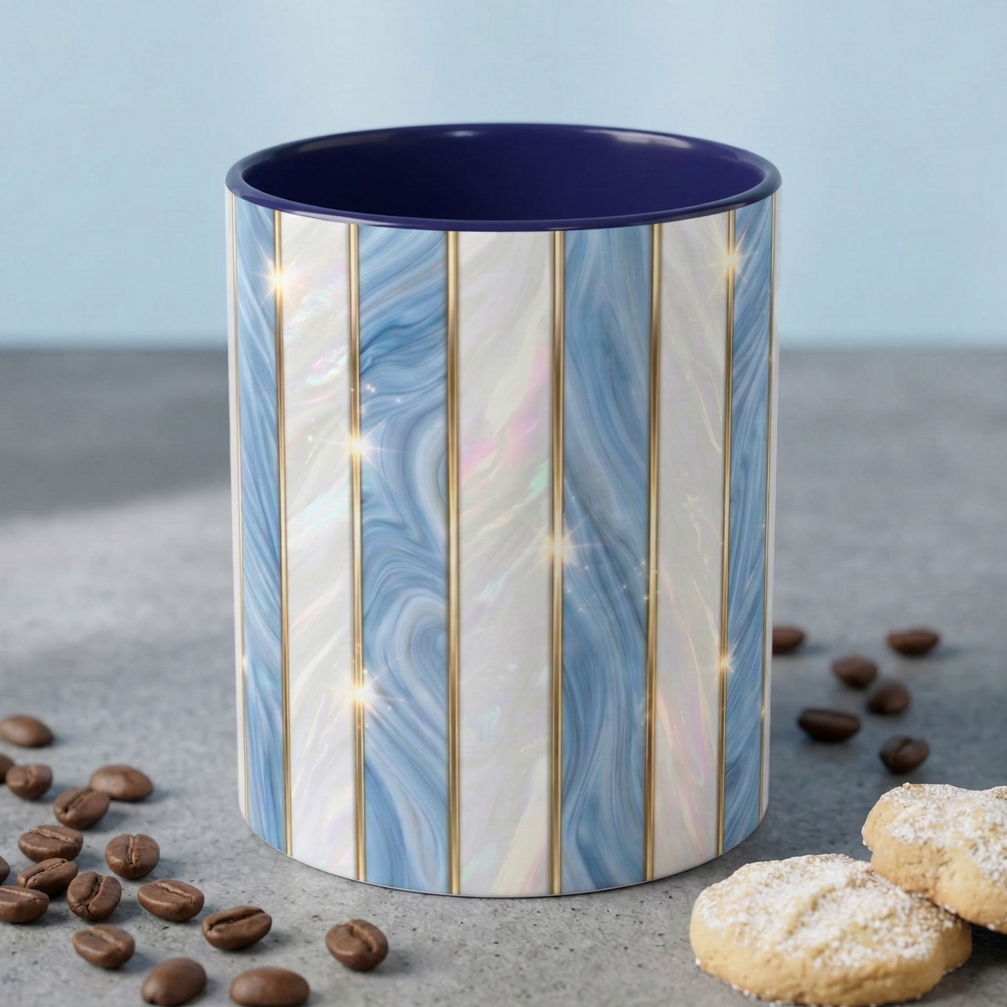 Faux Stained Glass Mug, Blue Pearlescent Coffee Cup, Art Deco Stained Glass Decor, Elegant Gold Stripe Teacup, Unique Art Gift For Her
