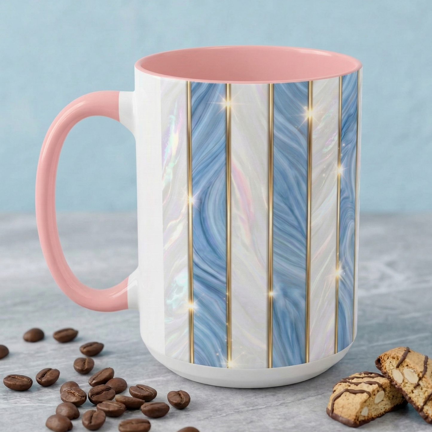 Faux Stained Glass Mug, Blue Pearlescent Coffee Cup, Art Deco Stained Glass Decor, Elegant Gold Stripe Teacup, Unique Art Gift For Her
