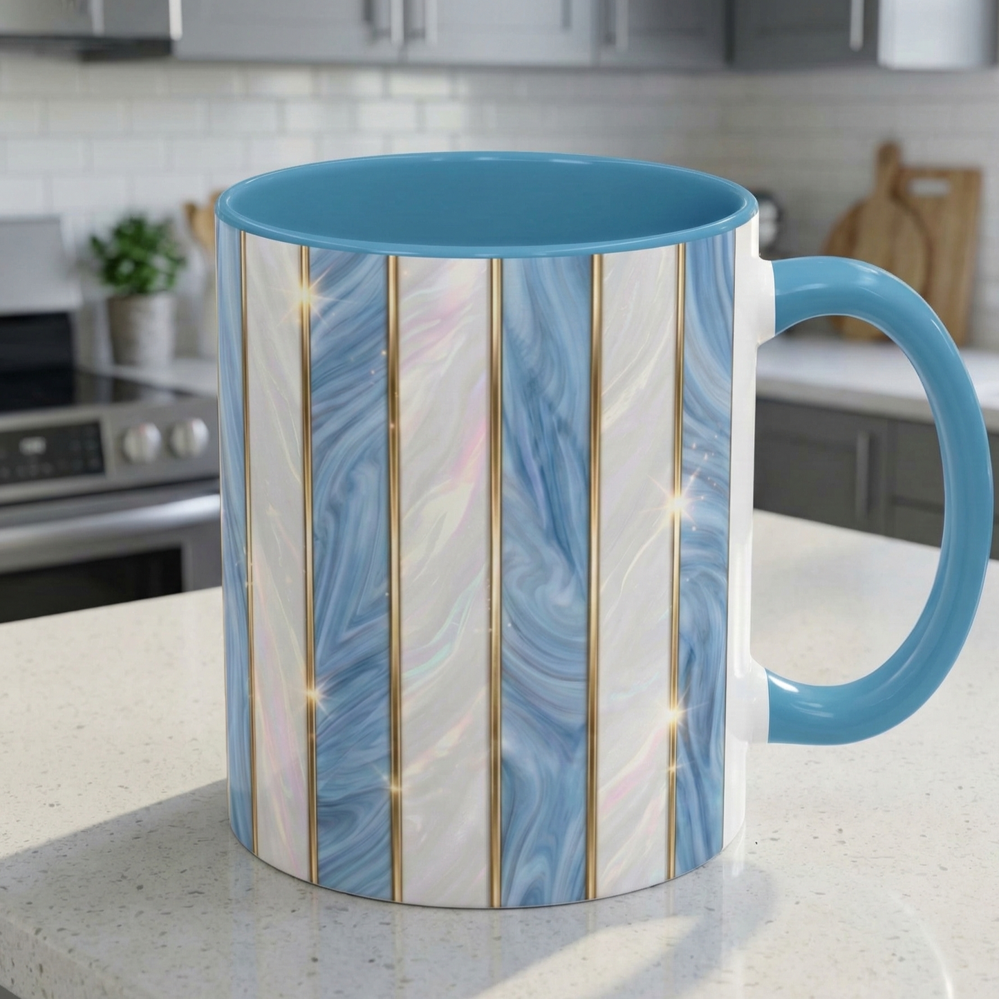 Faux Stained Glass Mug, Blue Pearlescent Coffee Cup, Art Deco Stained Glass Decor, Elegant Gold Stripe Teacup, Unique Art Gift For Her