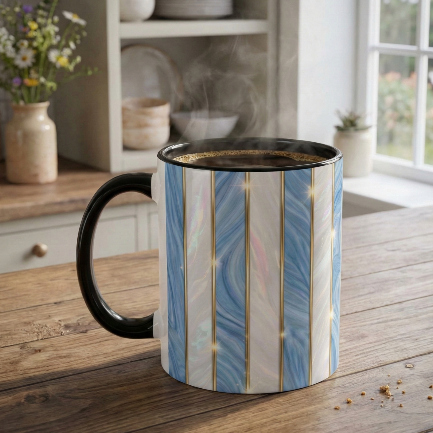 Faux Stained Glass Mug, Blue Pearlescent Coffee Cup, Art Deco Stained Glass Decor, Elegant Gold Stripe Teacup, Unique Art Gift For Her