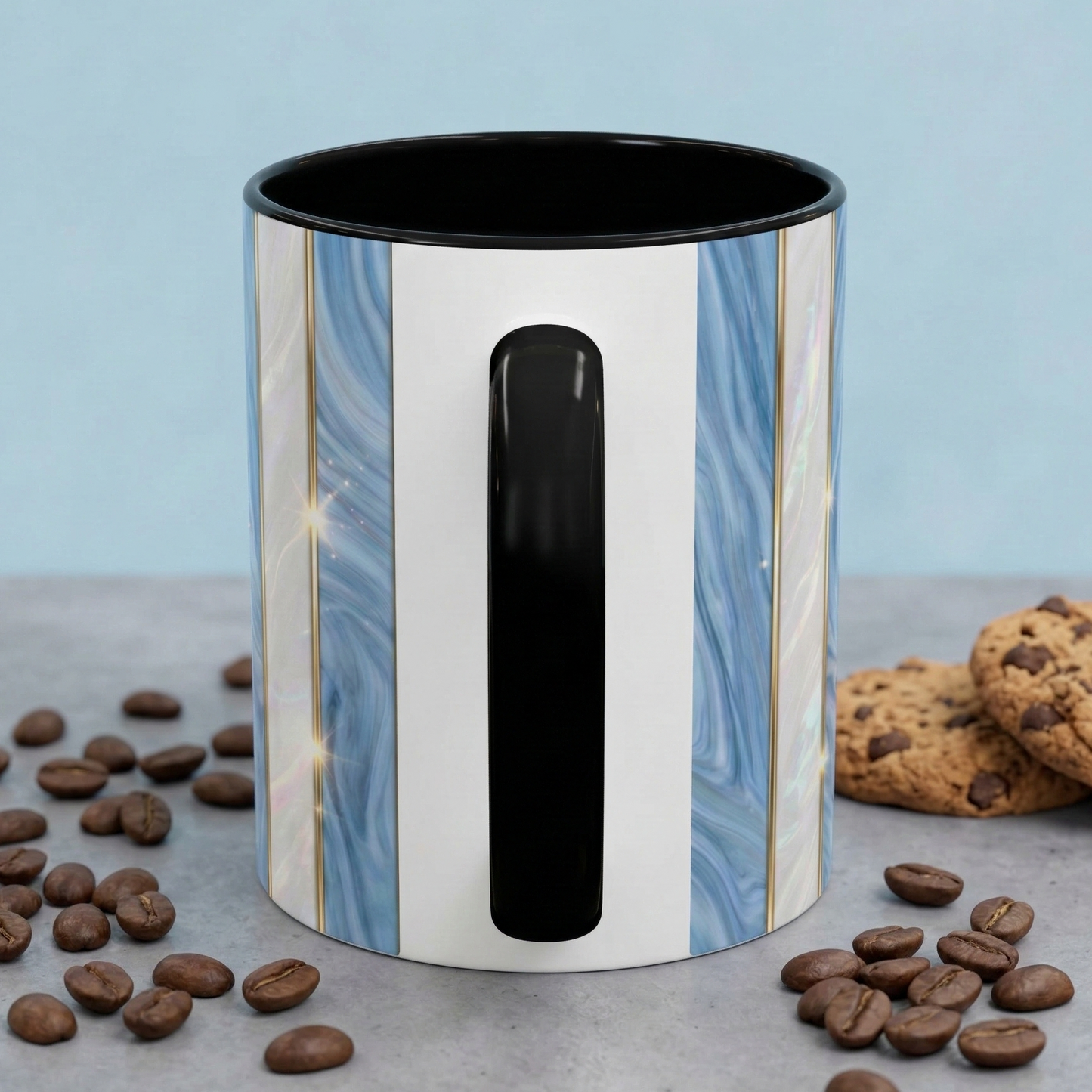 Faux Stained Glass Mug, Blue Pearlescent Coffee Cup, Art Deco Stained Glass Decor, Elegant Gold Stripe Teacup, Unique Art Gift For Her