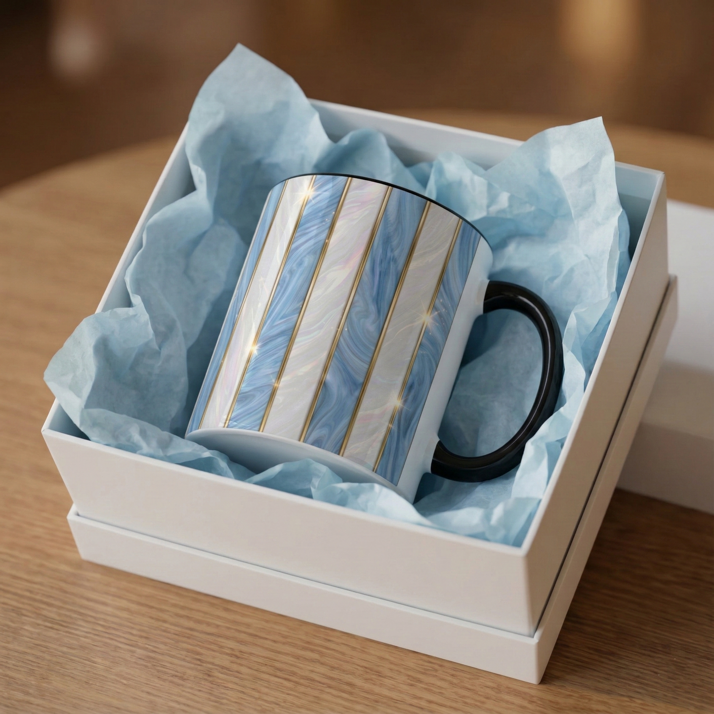 Faux Stained Glass Mug, Blue Pearlescent Coffee Cup, Art Deco Stained Glass Decor, Elegant Gold Stripe Teacup, Unique Art Gift For Her