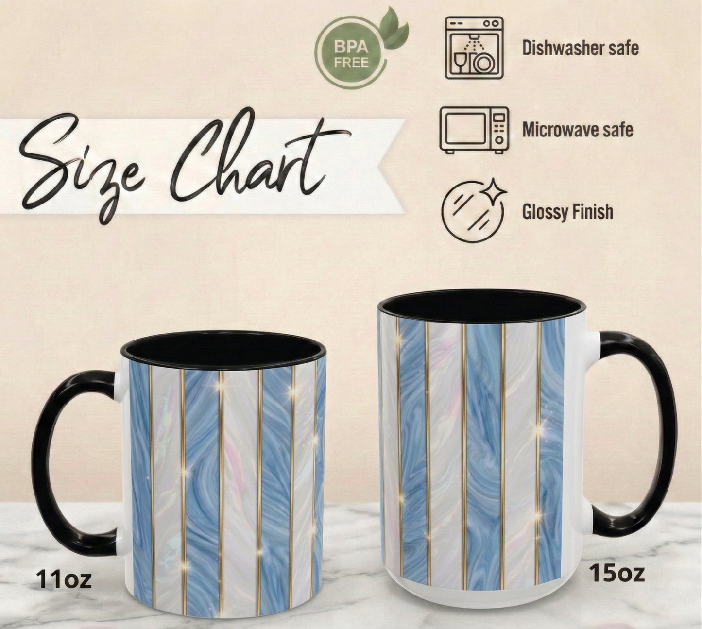 Faux Stained Glass Mug, Blue Pearlescent Coffee Cup, Art Deco Stained Glass Decor, Elegant Gold Stripe Teacup, Unique Art Gift For Her