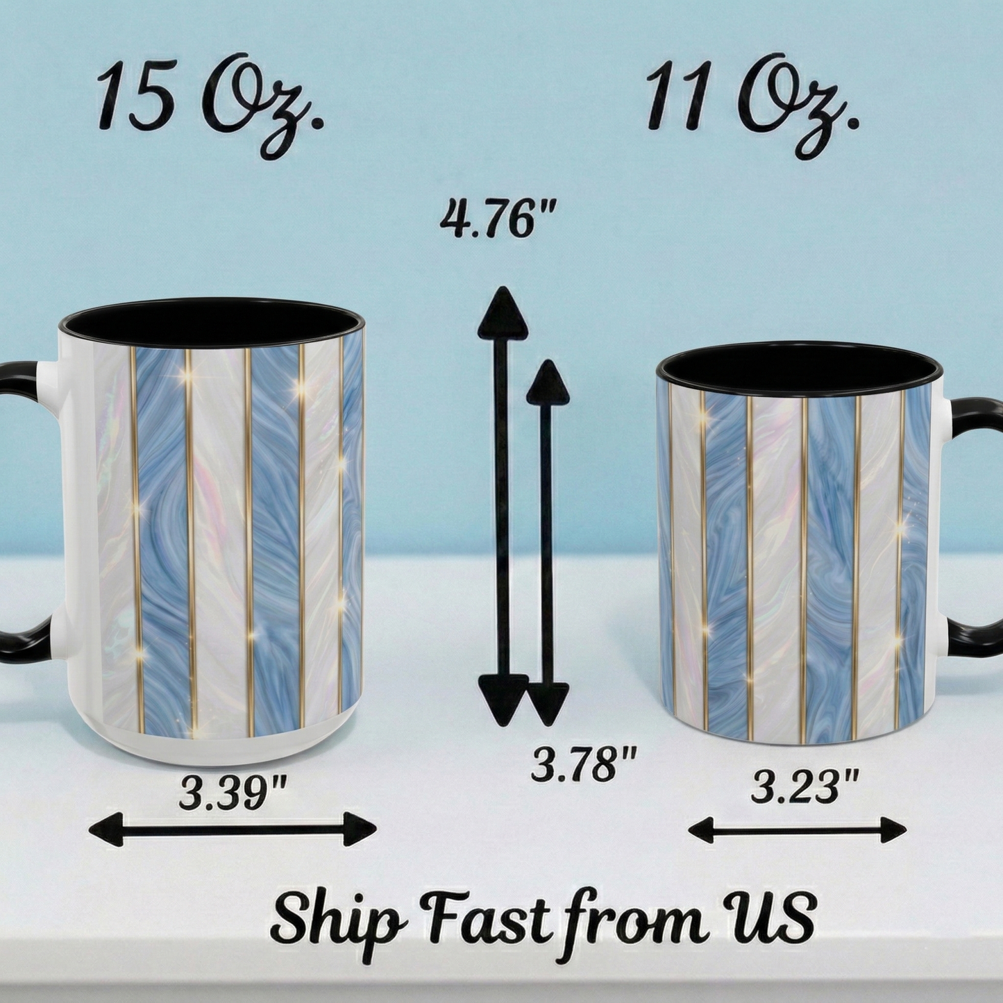 Faux Stained Glass Mug, Blue Pearlescent Coffee Cup, Art Deco Stained Glass Decor, Elegant Gold Stripe Teacup, Unique Art Gift For Her
