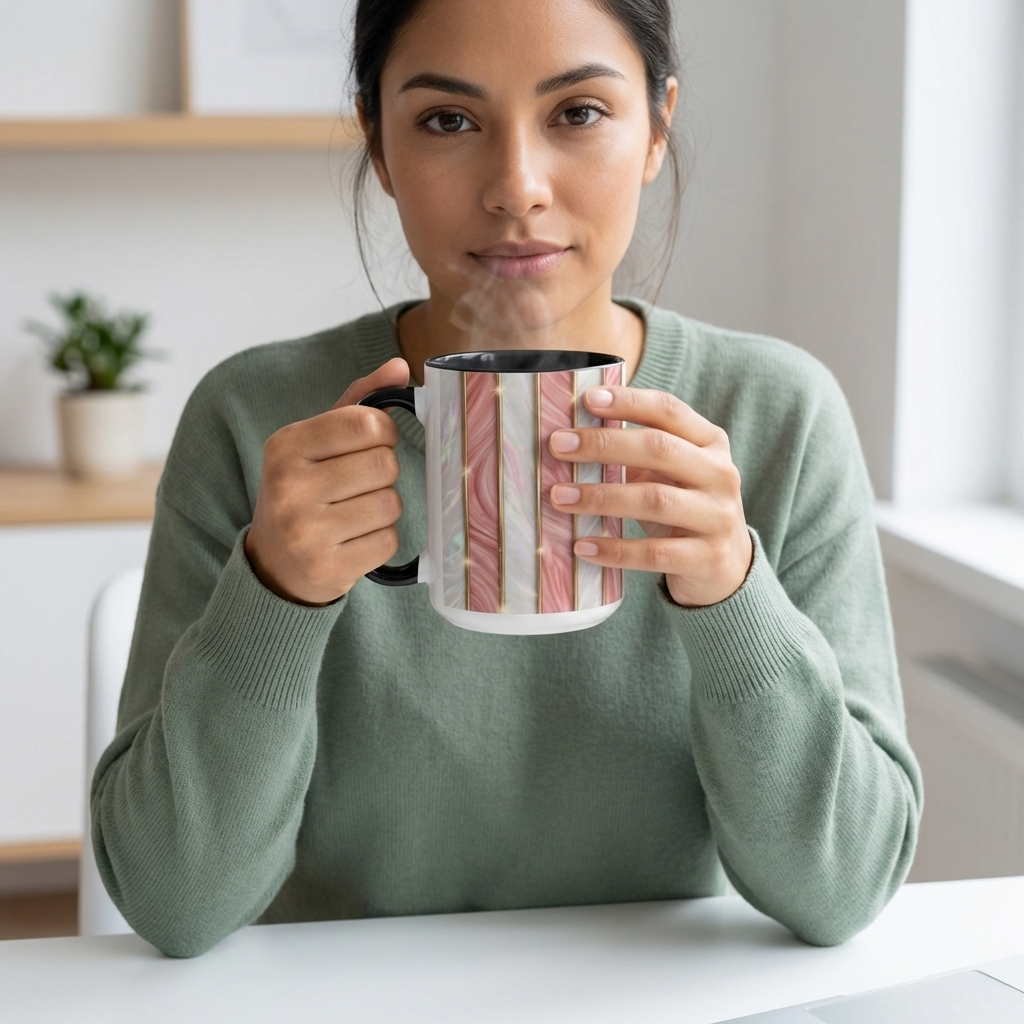 Pink Marble Coffee Mug, Gold Stripe Faux Agate Cup, Glam Desk Accessory, Elegant Tea Mug, Luxury Gift for Her, Chic Office Desk Decor