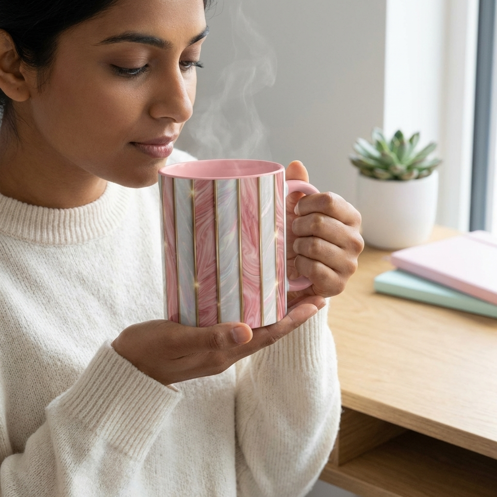 Pink Marble Coffee Mug, Gold Stripe Faux Agate Cup, Glam Desk Accessory, Elegant Tea Mug, Luxury Gift for Her, Chic Office Desk Decor