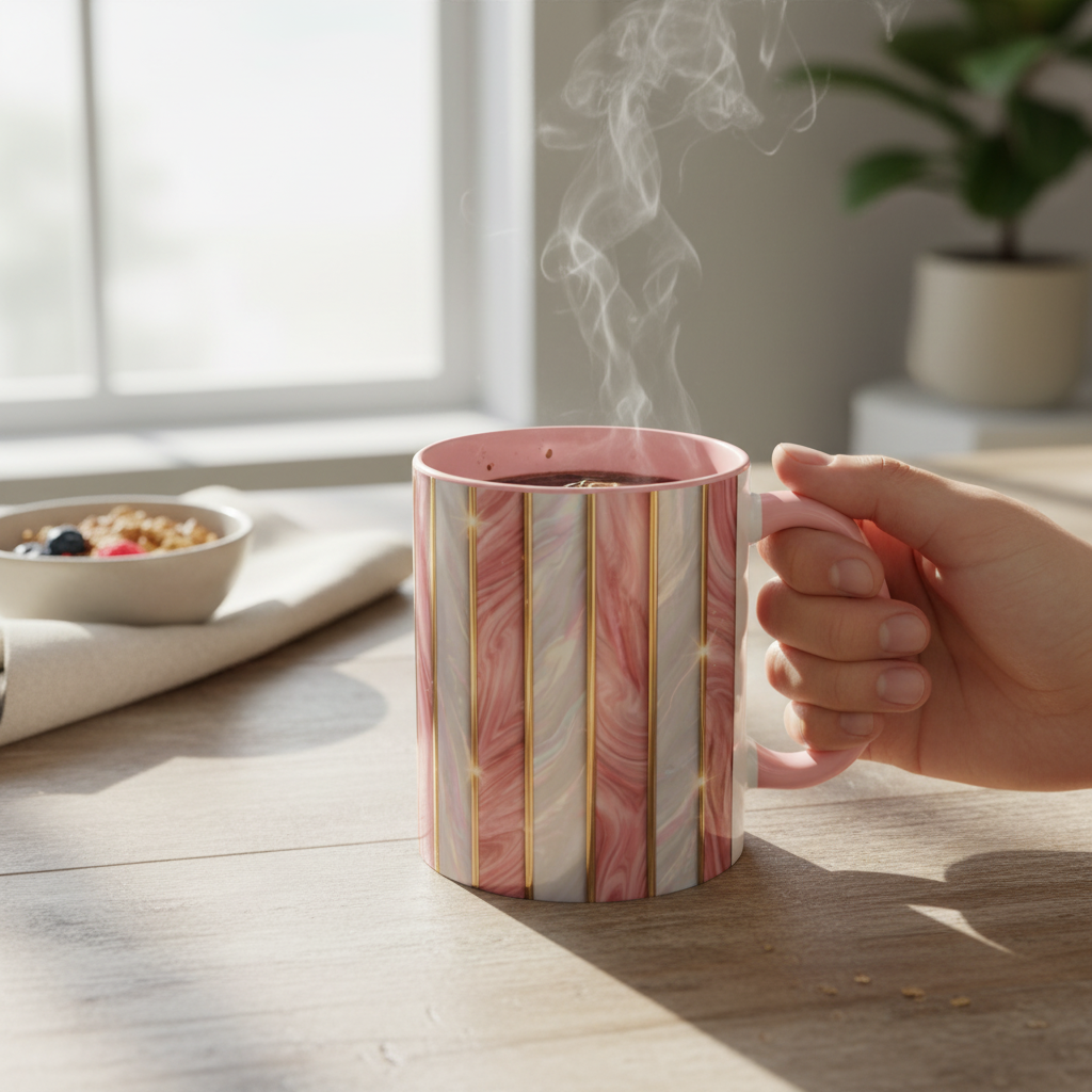 Pink Marble Coffee Mug, Gold Stripe Faux Agate Cup, Glam Desk Accessory, Elegant Tea Mug, Luxury Gift for Her, Chic Office Desk Decor