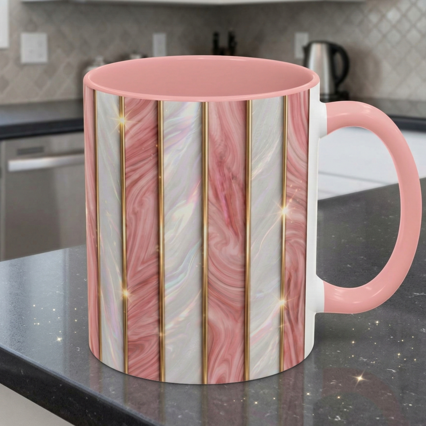Pink Marble Coffee Mug, Gold Stripe Faux Agate Cup, Glam Desk Accessory, Elegant Tea Mug, Luxury Gift for Her, Chic Office Desk Decor