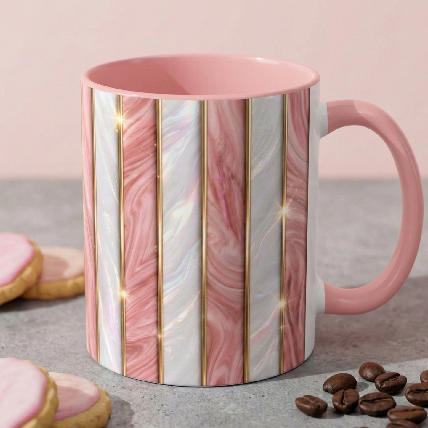 Pink Marble Coffee Mug, Gold Stripe Faux Agate Cup, Glam Desk Accessory, Elegant Tea Mug, Luxury Gift for Her, Chic Office Desk Decor