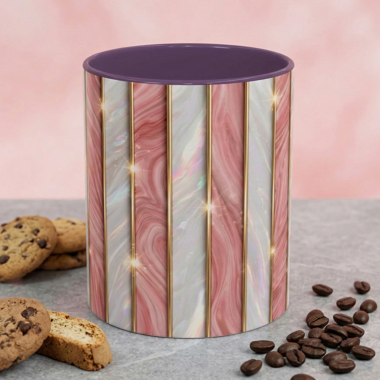 Pink Marble Coffee Mug, Gold Stripe Faux Agate Cup, Glam Desk Accessory, Elegant Tea Mug, Luxury Gift for Her, Chic Office Desk Decor