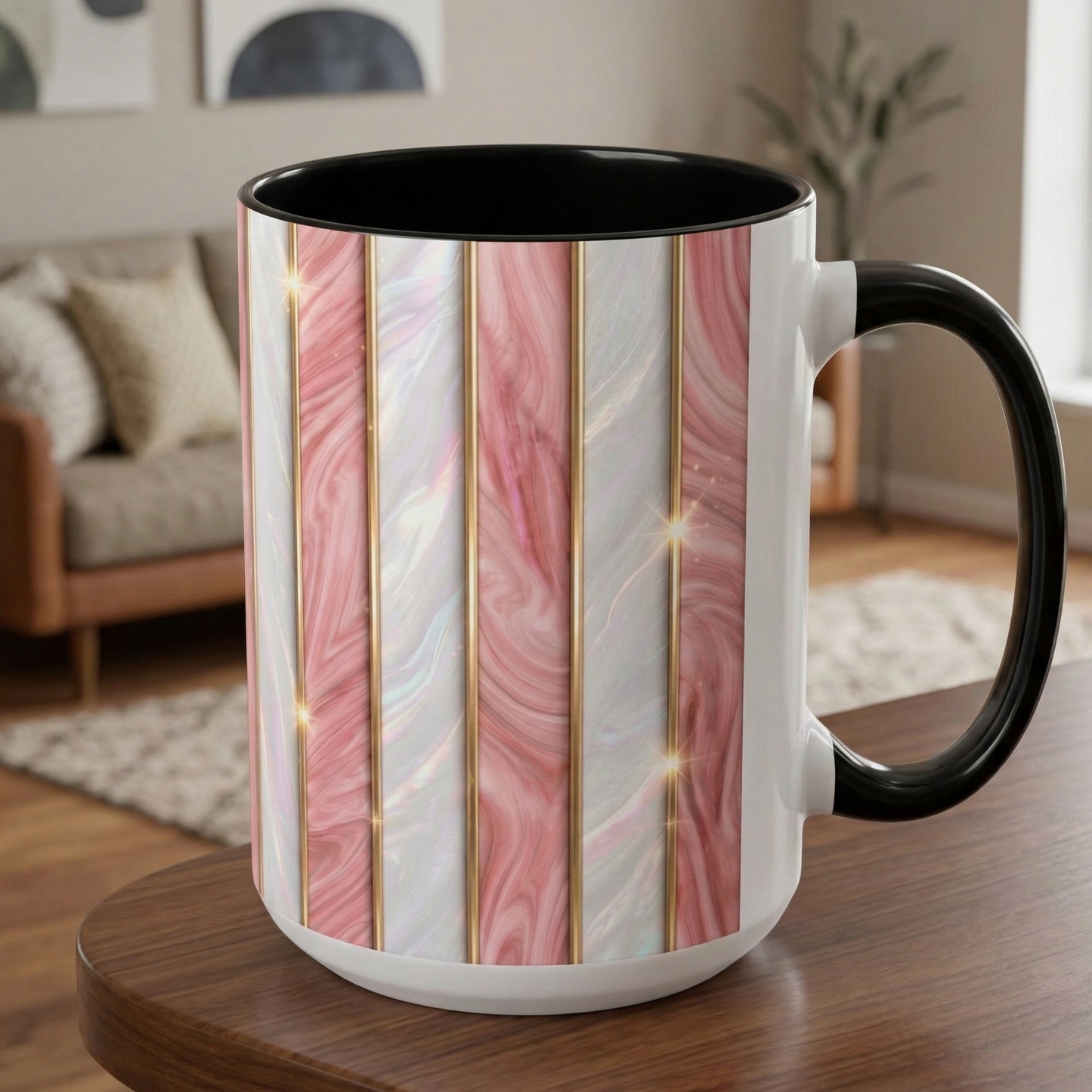 Pink Marble Coffee Mug, Gold Stripe Faux Agate Cup, Glam Desk Accessory, Elegant Tea Mug, Luxury Gift for Her, Chic Office Desk Decor