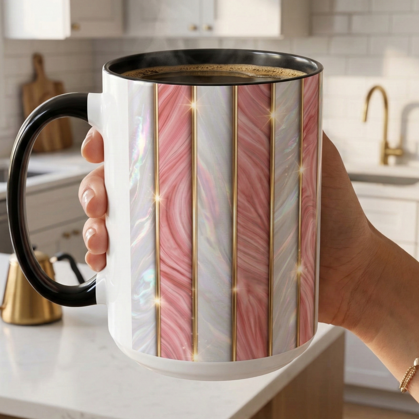 Pink Marble Coffee Mug, Gold Stripe Faux Agate Cup, Glam Desk Accessory, Elegant Tea Mug, Luxury Gift for Her, Chic Office Desk Decor