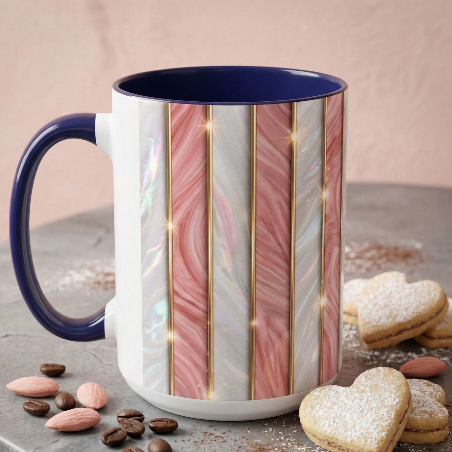 Pink Marble Coffee Mug, Gold Stripe Faux Agate Cup, Glam Desk Accessory, Elegant Tea Mug, Luxury Gift for Her, Chic Office Desk Decor