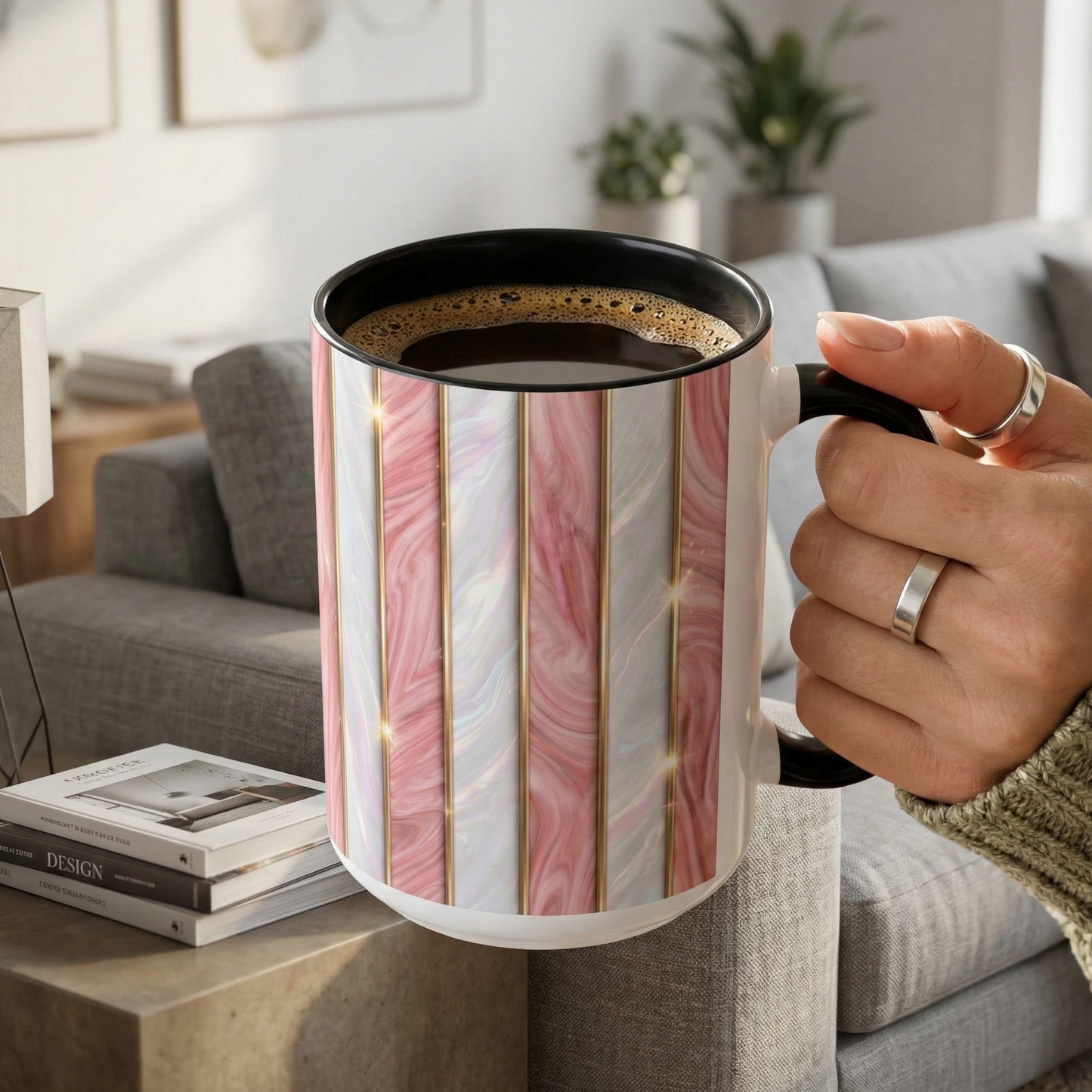 Pink Marble Coffee Mug, Gold Stripe Faux Agate Cup, Glam Desk Accessory, Elegant Tea Mug, Luxury Gift for Her, Chic Office Desk Decor