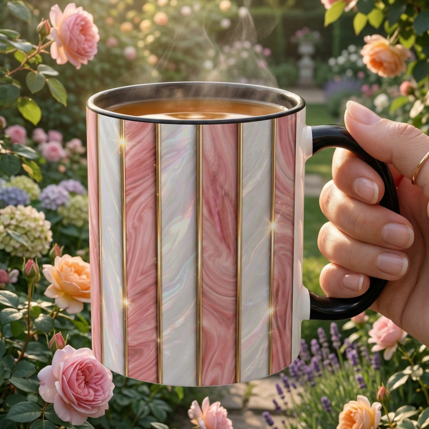 Pink Marble Coffee Mug, Gold Stripe Faux Agate Cup, Glam Desk Accessory, Elegant Tea Mug, Luxury Gift for Her, Chic Office Desk Decor