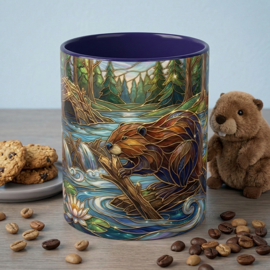 Stained Glass Beaver Mug, Woodland Creature Coffee Cup, Nature Lover Gift, Forest Animal Mug, Cottagecore Aesthetic, Wildlife Art Cup