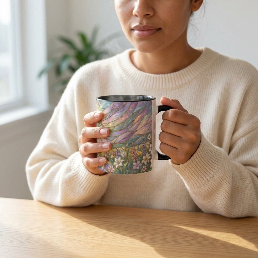 Stained Glass Cross Mug, Easter Lily Coffee Cup, Christian Religious Gift, Pastel Floral Faith Mug, Spring Believer Cup, Baptism Present