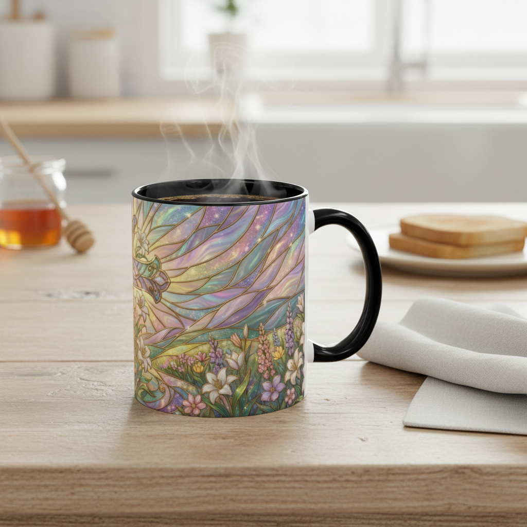 Stained Glass Cross Mug, Easter Lily Coffee Cup, Christian Religious Gift, Pastel Floral Faith Mug, Spring Believer Cup, Baptism Present