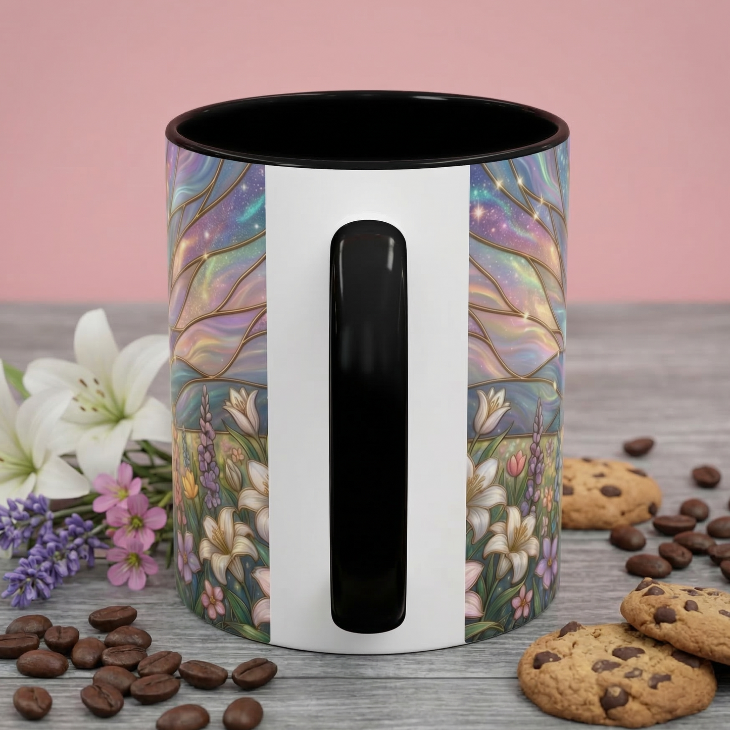 Stained Glass Cross Mug, Easter Lily Coffee Cup, Christian Religious Gift, Pastel Floral Faith Mug, Spring Believer Cup, Baptism Present
