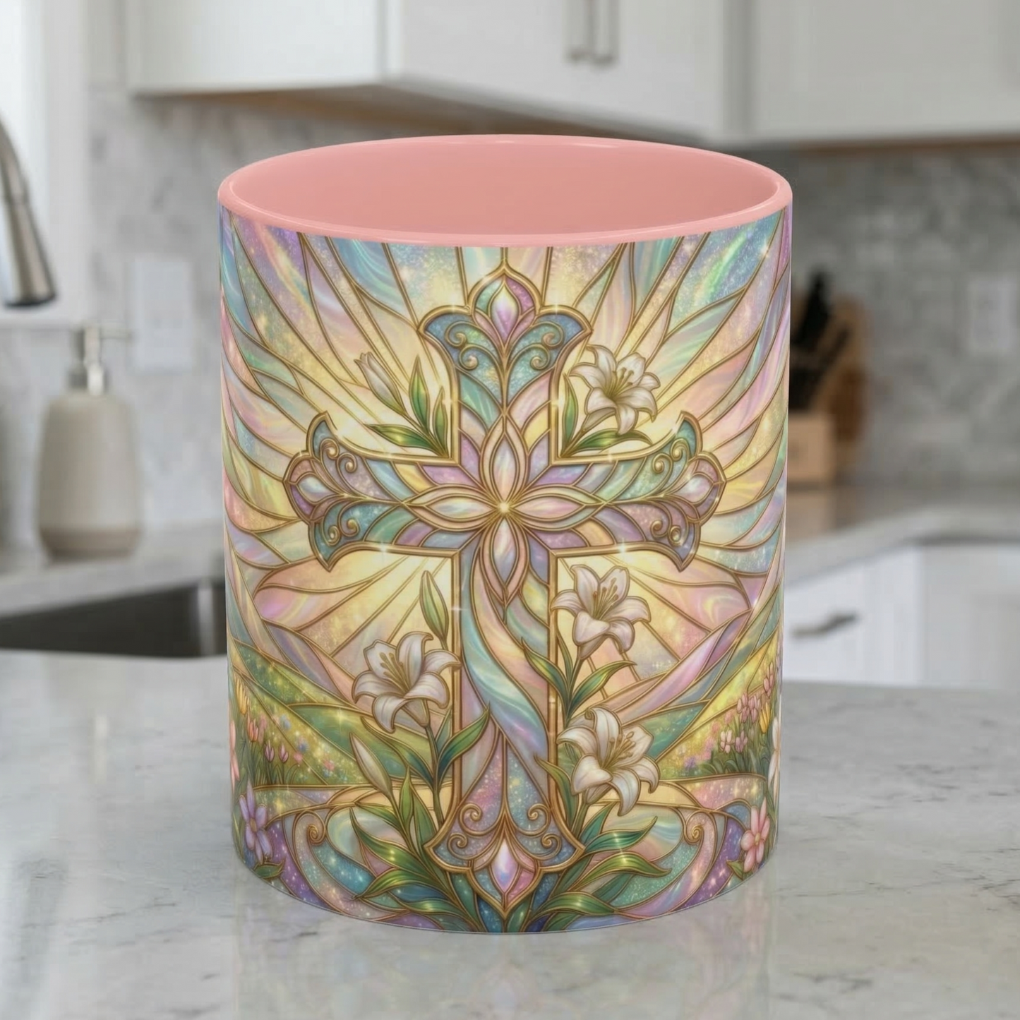 Stained Glass Cross Mug, Easter Lily Coffee Cup, Christian Religious Gift, Pastel Floral Faith Mug, Spring Believer Cup, Baptism Present