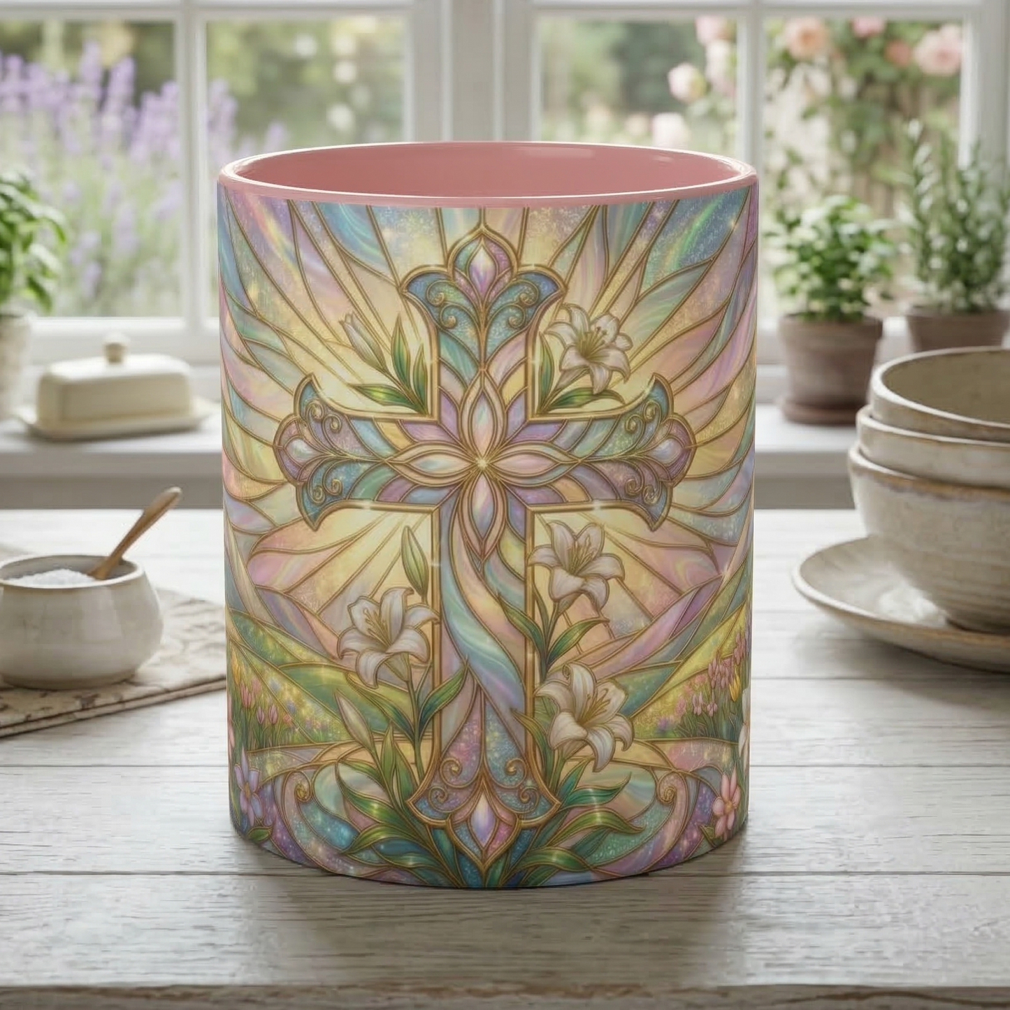 Stained Glass Cross Mug, Easter Lily Coffee Cup, Christian Religious Gift, Pastel Floral Faith Mug, Spring Believer Cup, Baptism Present